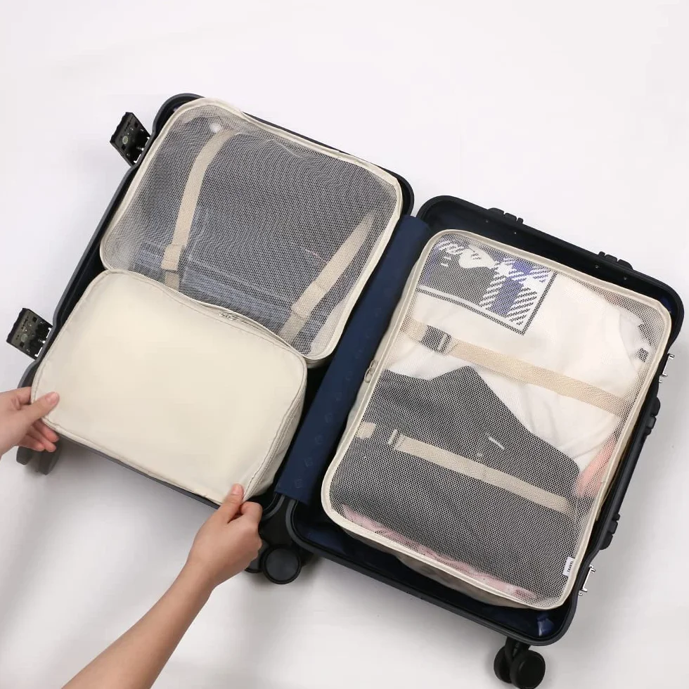 OSDUE Organisateur Valise Lot de 8 Cubes Étanche Sacs de Voyage Rangement Beige