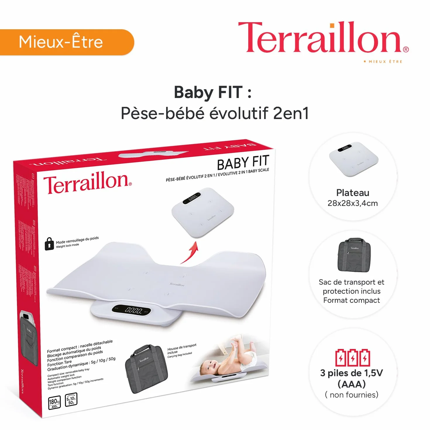 Pèse Bébé 2 en1 électronique TERRAILLON BABY FIT, Nacelle Détachable, Capacité 180 kg, Blanc