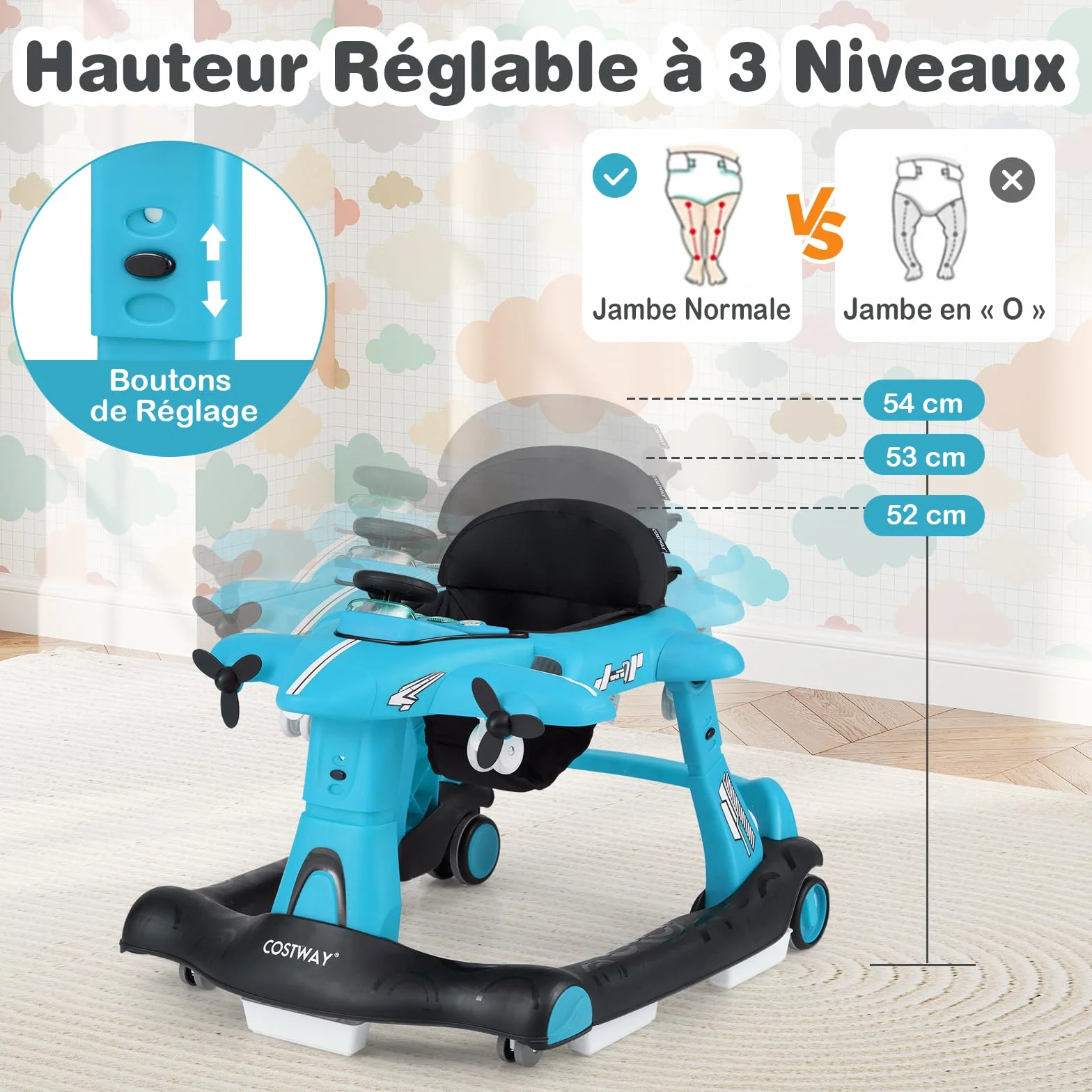 COSTWAY 6 en 1 Trotteur Bébé Pliable avec Hauteur Réglable, Roues Silencieuses, Charge 12kg (Bleu)