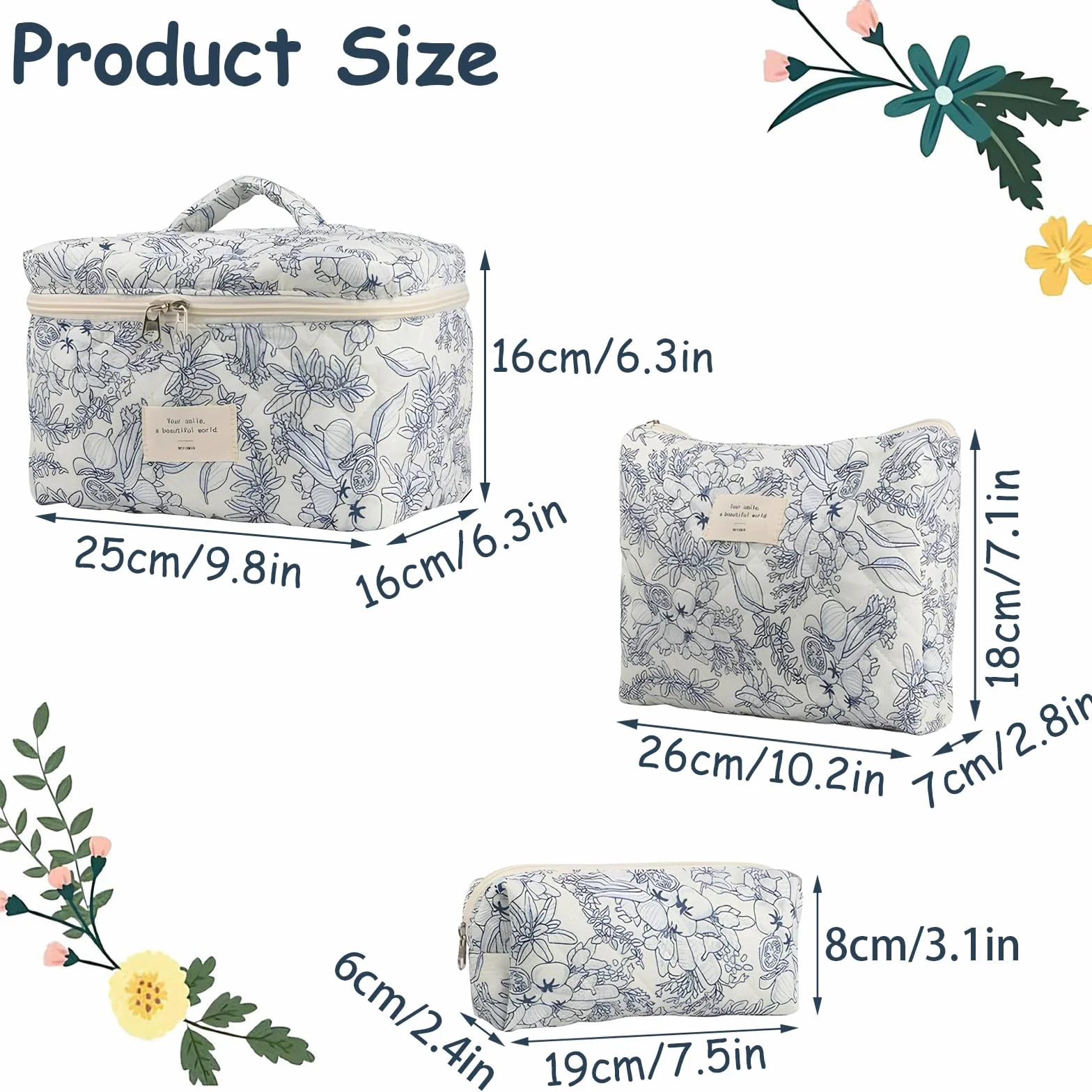 Trousse Maquillage Matelassée Grande Capacité Voyage Motif Floral pour Femme