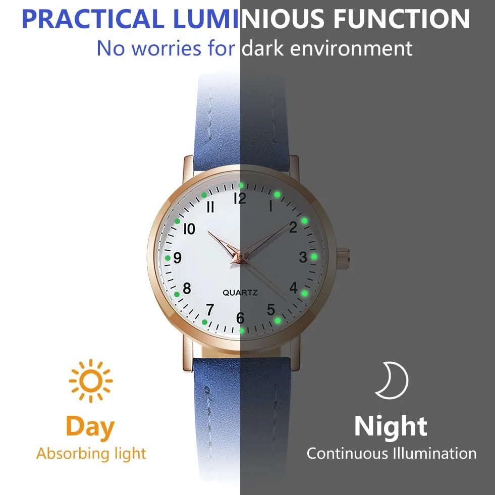Montre Femme à Quartz Analogique Lumineux avec Bracelet en Cuir Brossé