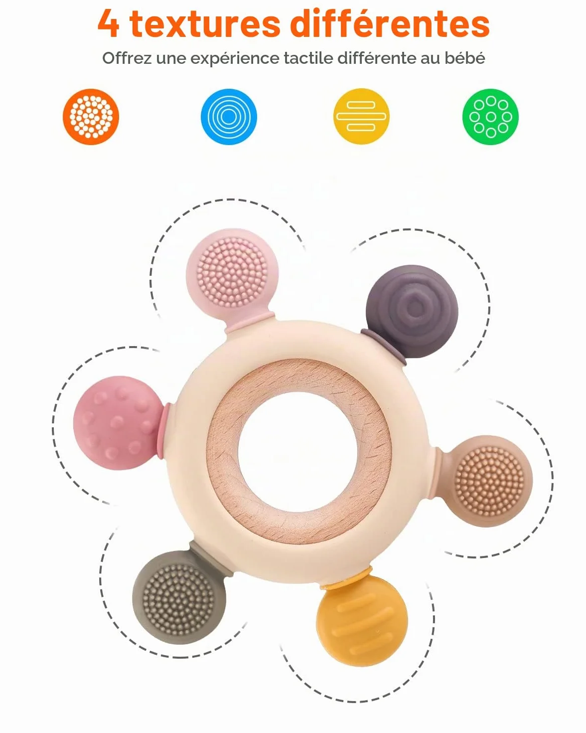 Anneau de Dentition Bébé Silicone Bois Sans BPA 3-12 Mois Jouet Dentition