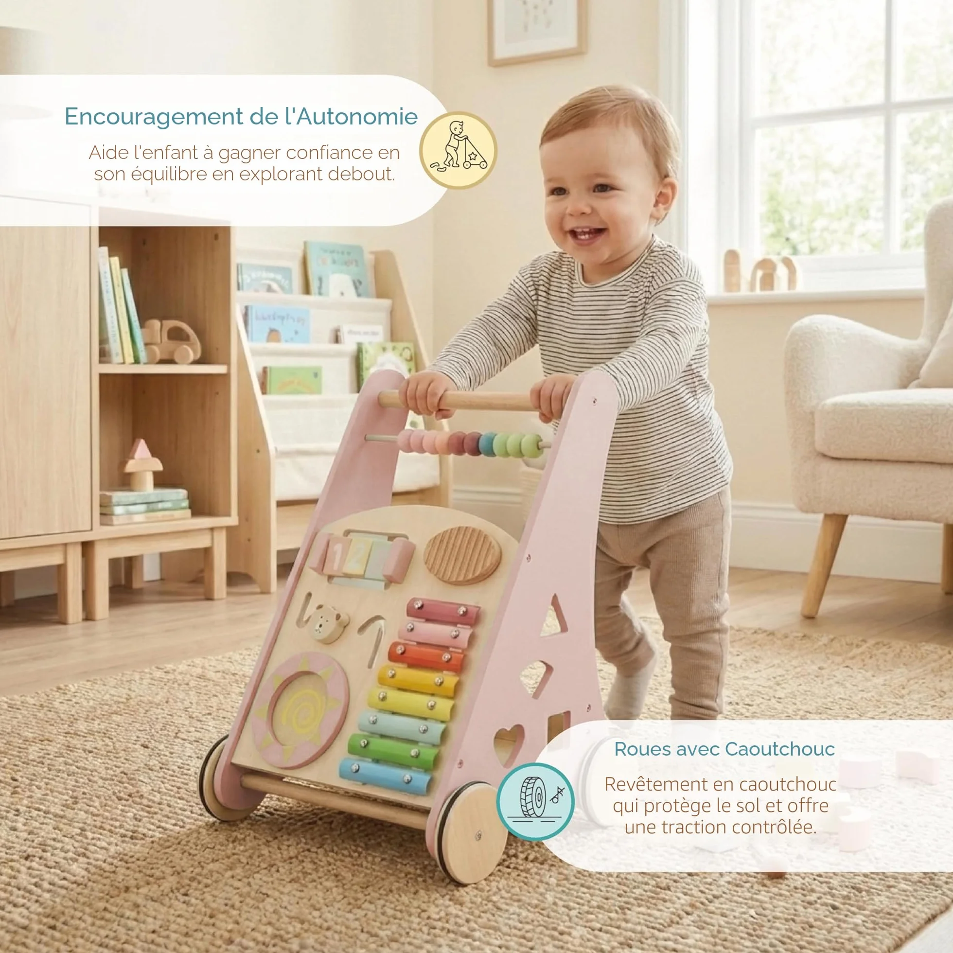 BUDDY BABY Montessori Walker Baby en bois Poussette premiers pas jouets activités Chariot tapis roulant enfants +12 mois Laponie Rose