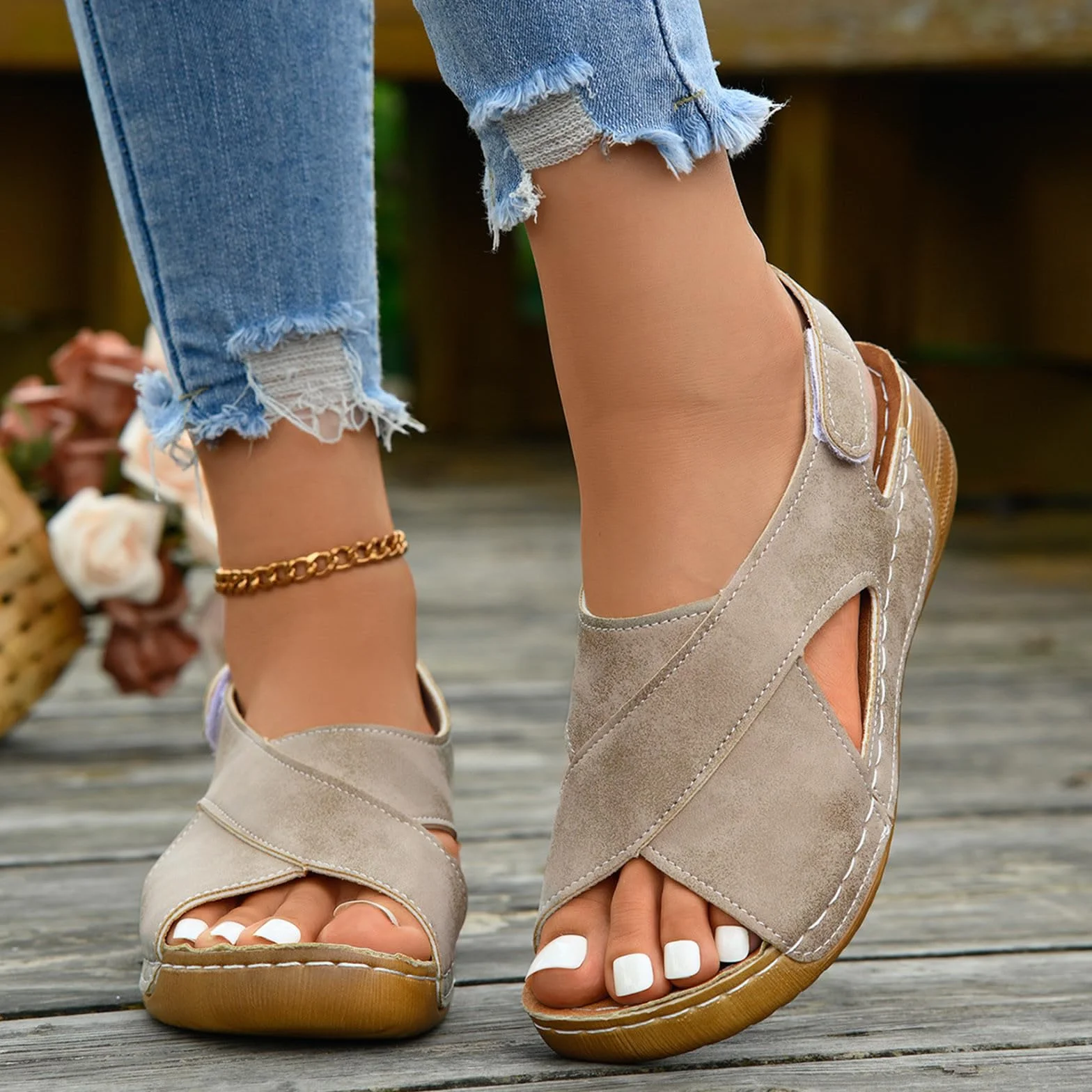 Sandales Femme Orthopédiques à Plateforme Slingback Talon Compensé Confortable