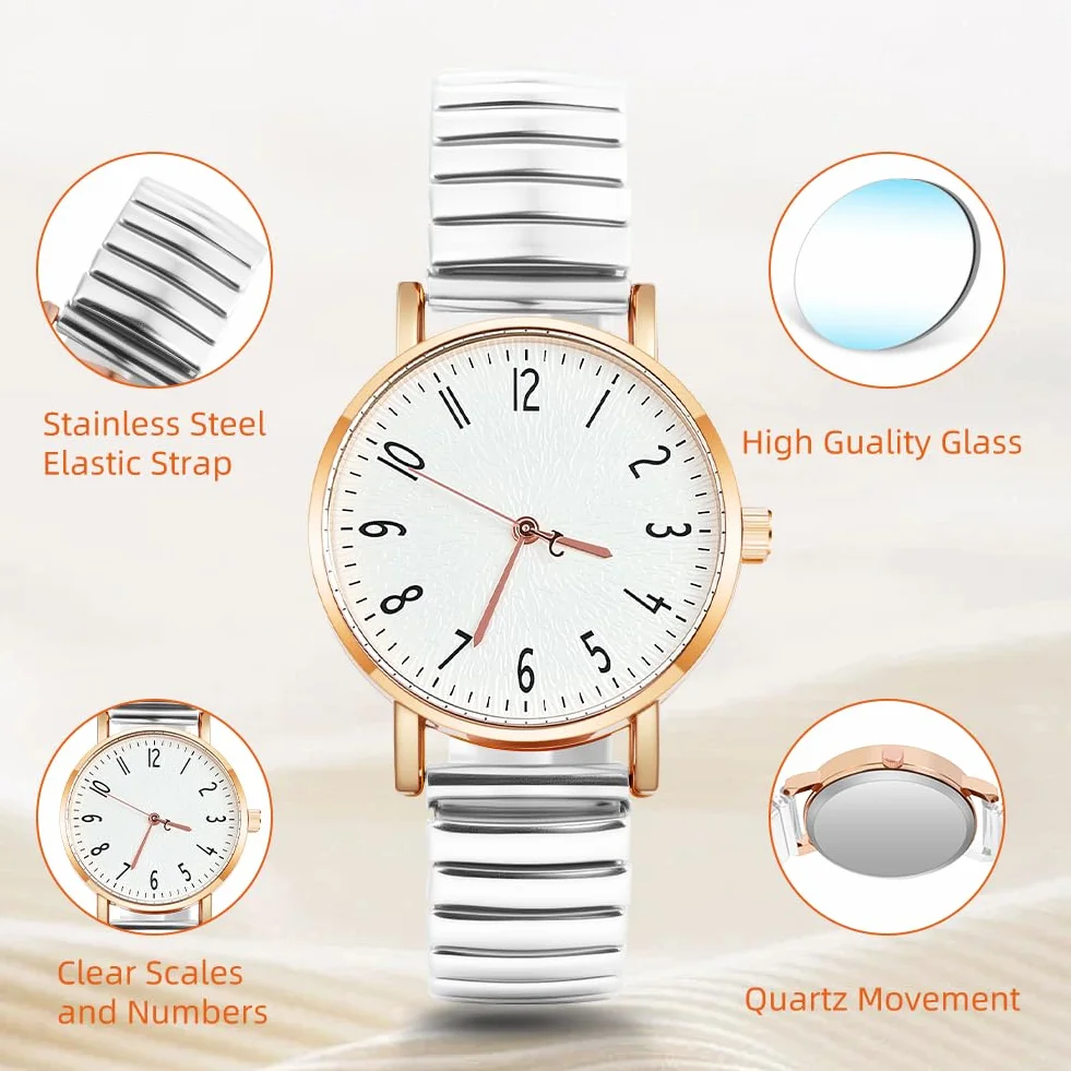 Montre Femme Bracelet Élastique Quartz Grands Chiffres Arabes Métal Cadeau Anniversaire Fête des Mères