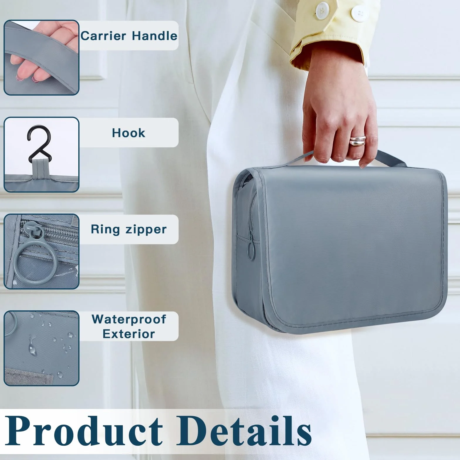 Zivacate Trousse de Toilette à Suspendre étanche avec poignée, Sac de Rangement Maquillage Homme Femme 3 Sac à Cordon pour Voyage – Gris