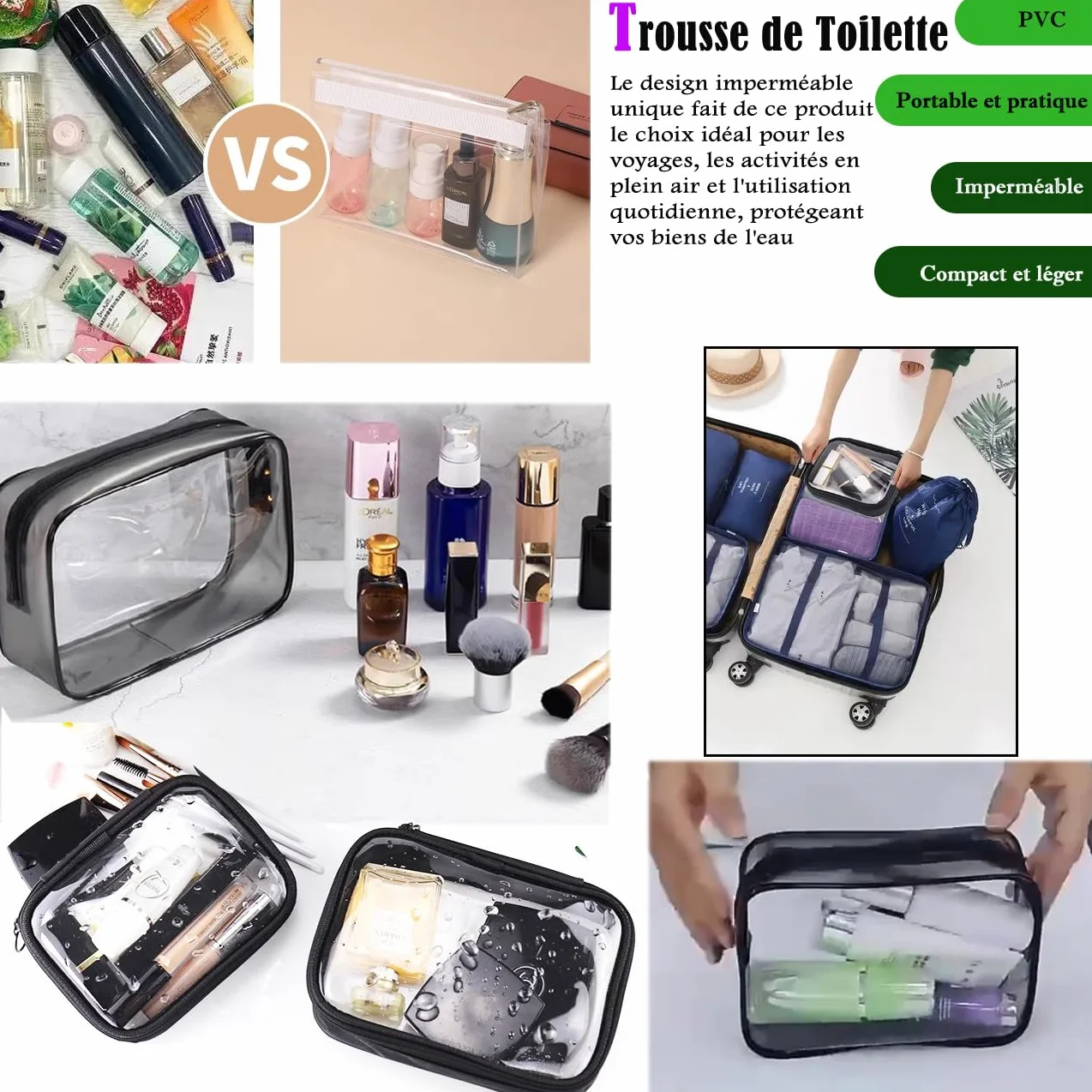 Trousse de toilette transparente avec Flacons Vide de Voyage 100ml – Kit de voyage avion femme homme