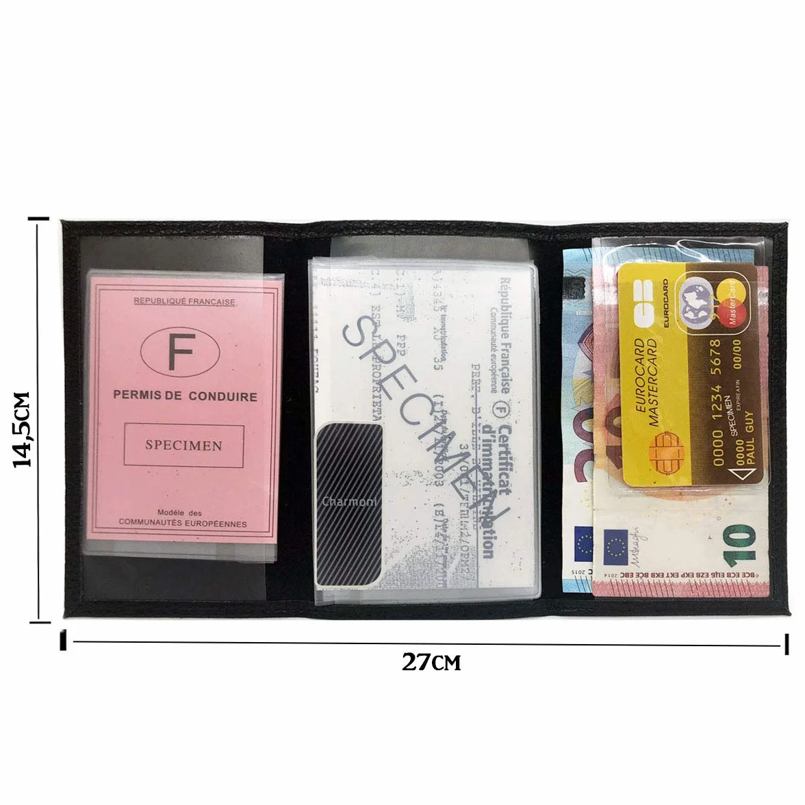 Etui Porte Papiers Voiture Permis de Conduire Carte Grise en Cuir Vachette Grainé Noir