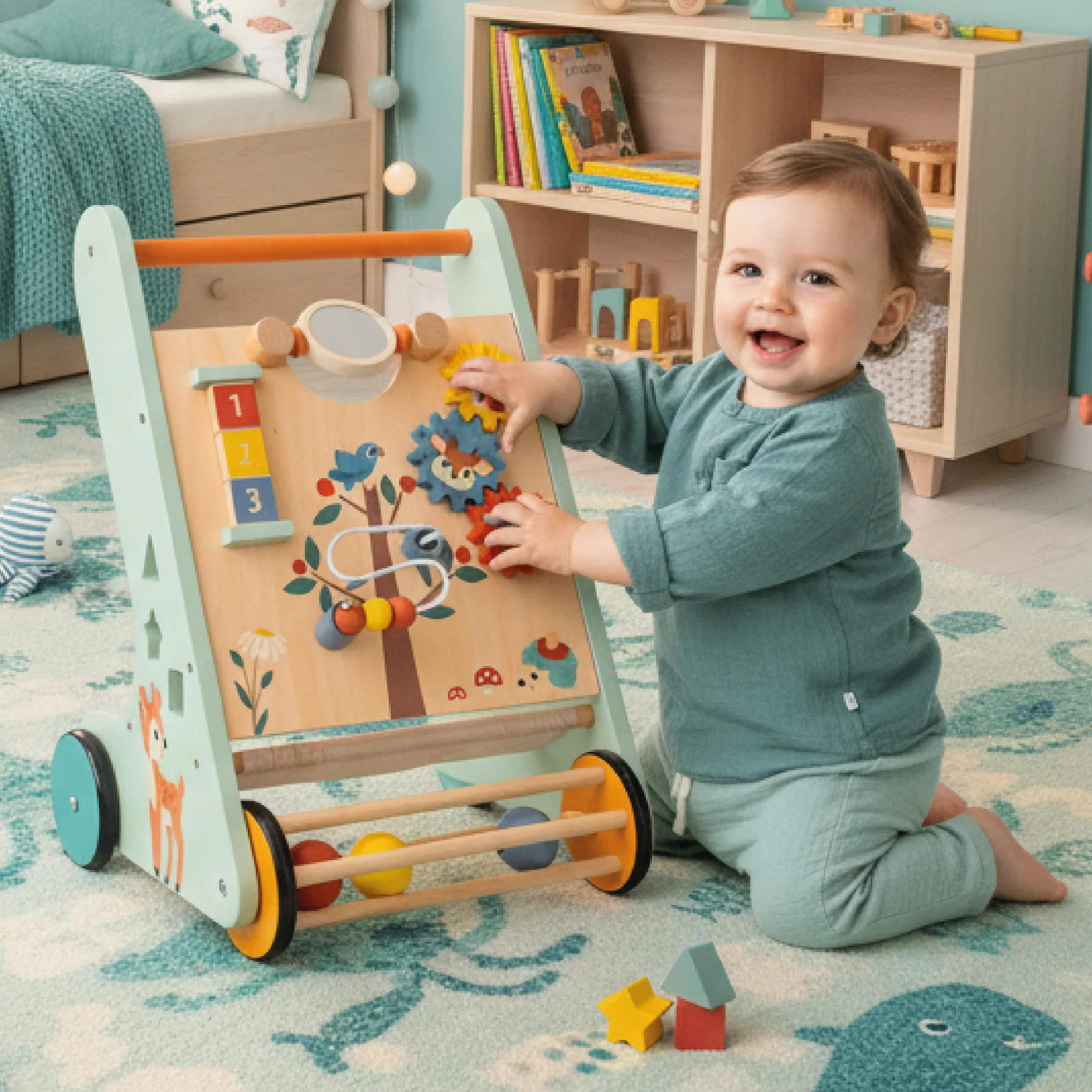 Trotteur bébé XXL en bois avec tableau d'activité, chariot de marche pour garçon et fille (Bleu)