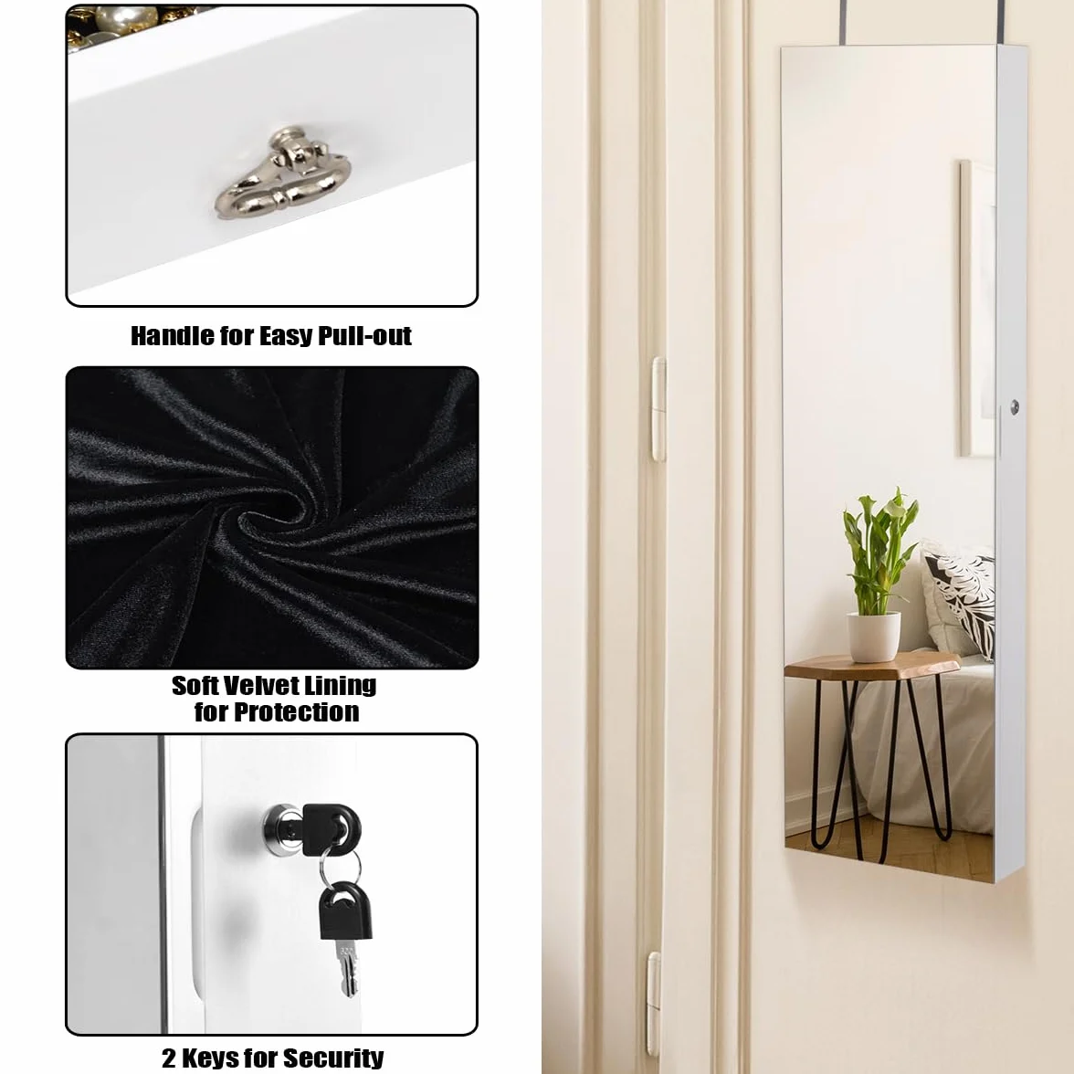 HOMASIS Miroir Boîte à bijoux mural avec fermeture et lumières LED, 2 tiroirs, 35,5 x 10 x 120 cm, blanc