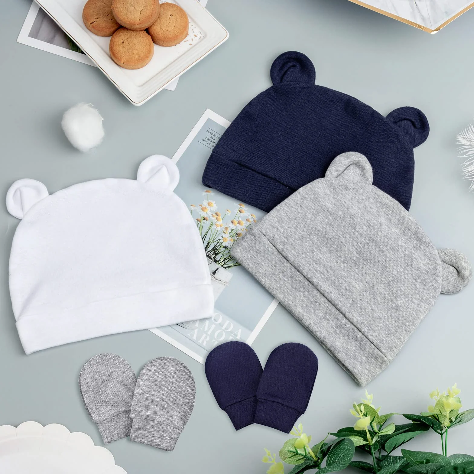 Bonnets de Naissance et Moufles de Protection Bébé Gants Bonnet Nouveau-né 0-6 Mois Taille Unique