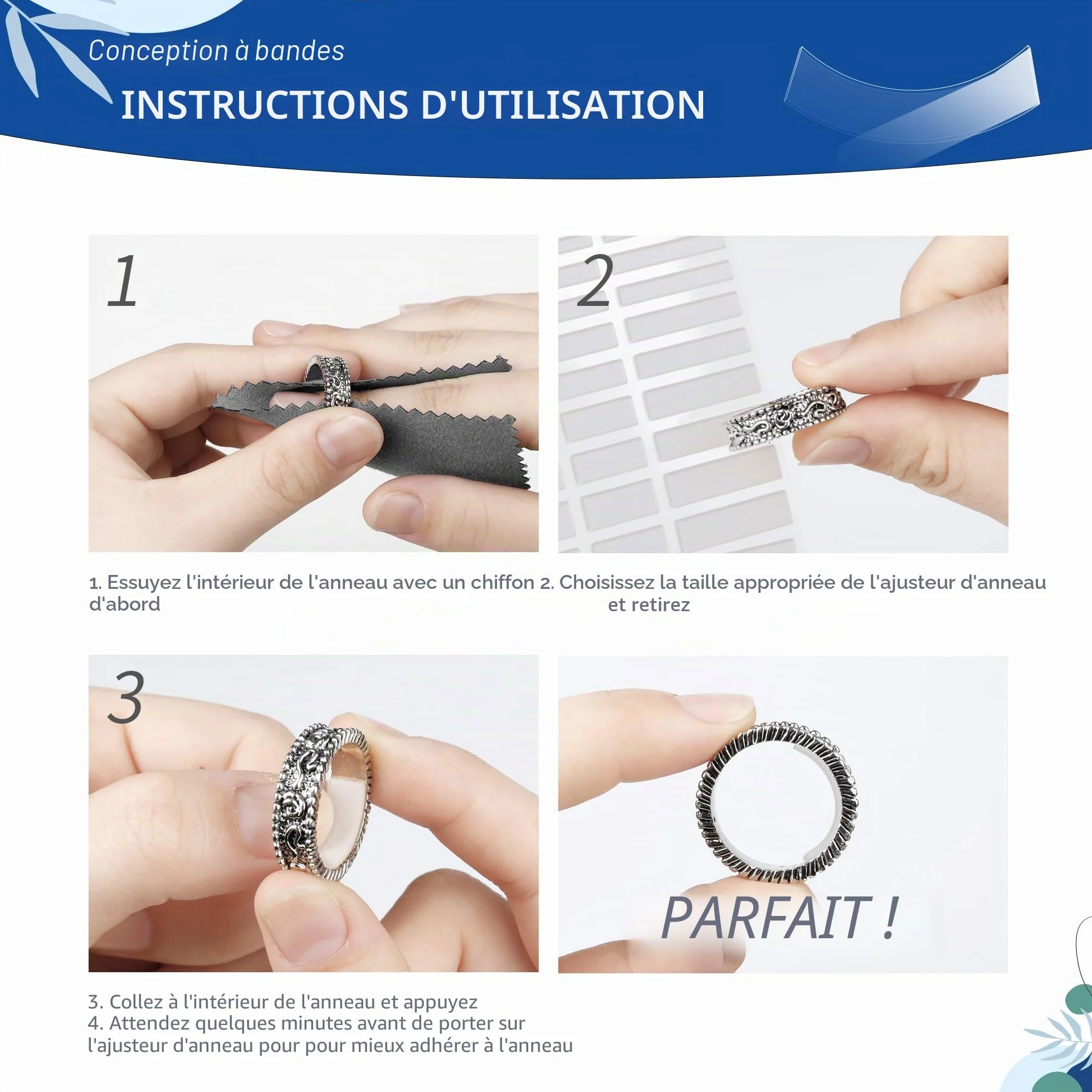 Ajusteur de taille de bague - Réducteur invisible pour bagues larges - 6 feuilles/234 pièces (transparent)