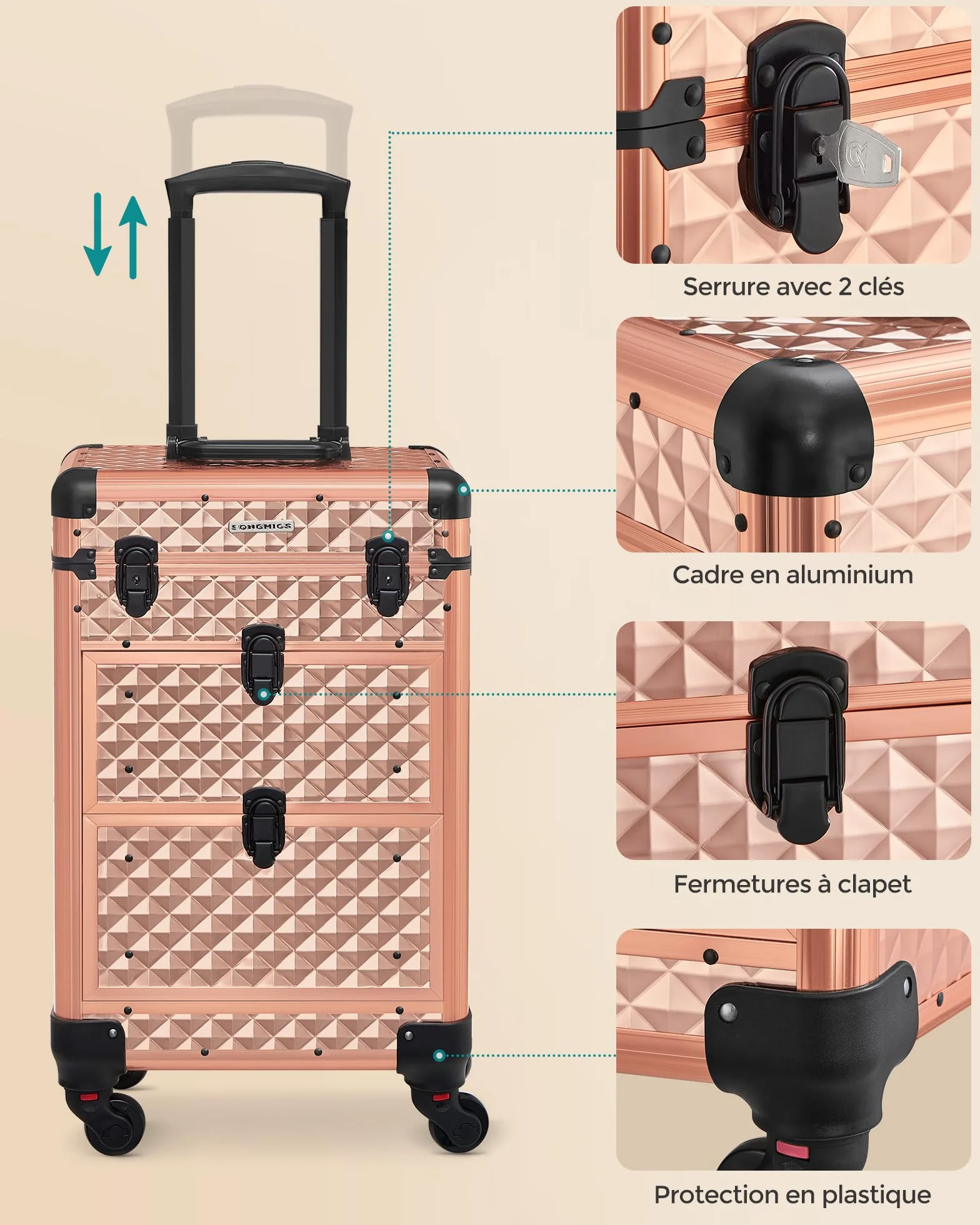 SONGMICS Valise de Maquillage Professionnel, 2 Tiroirs, 34 x 24 x 56 cm, Roulette 360°, Doré Champagne
