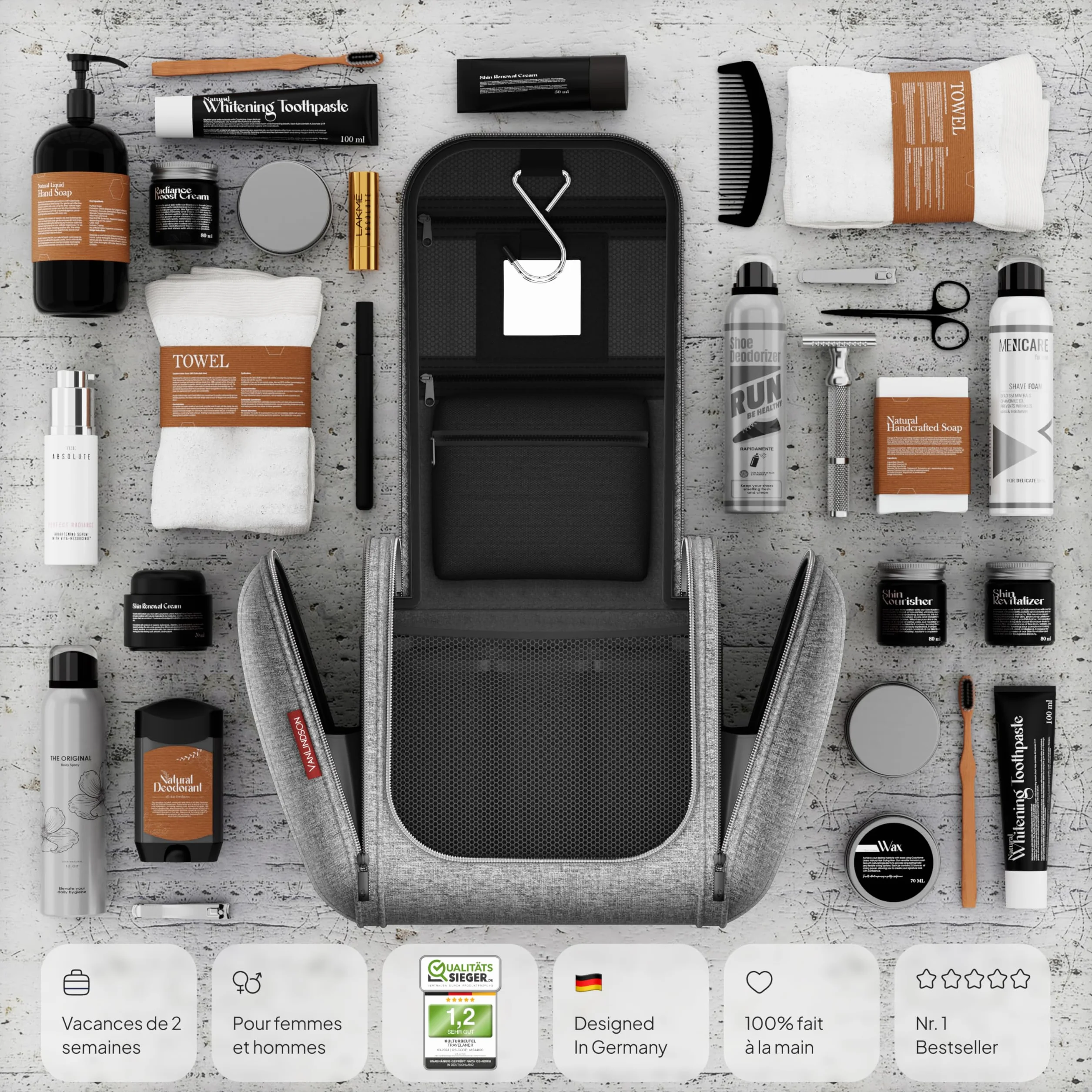Trousse de Toilette Luxery XXL Grande Sac de Voyage Homme Femme Maquillage 8 litres Rangement Mixte Crochet Suspendre Gris