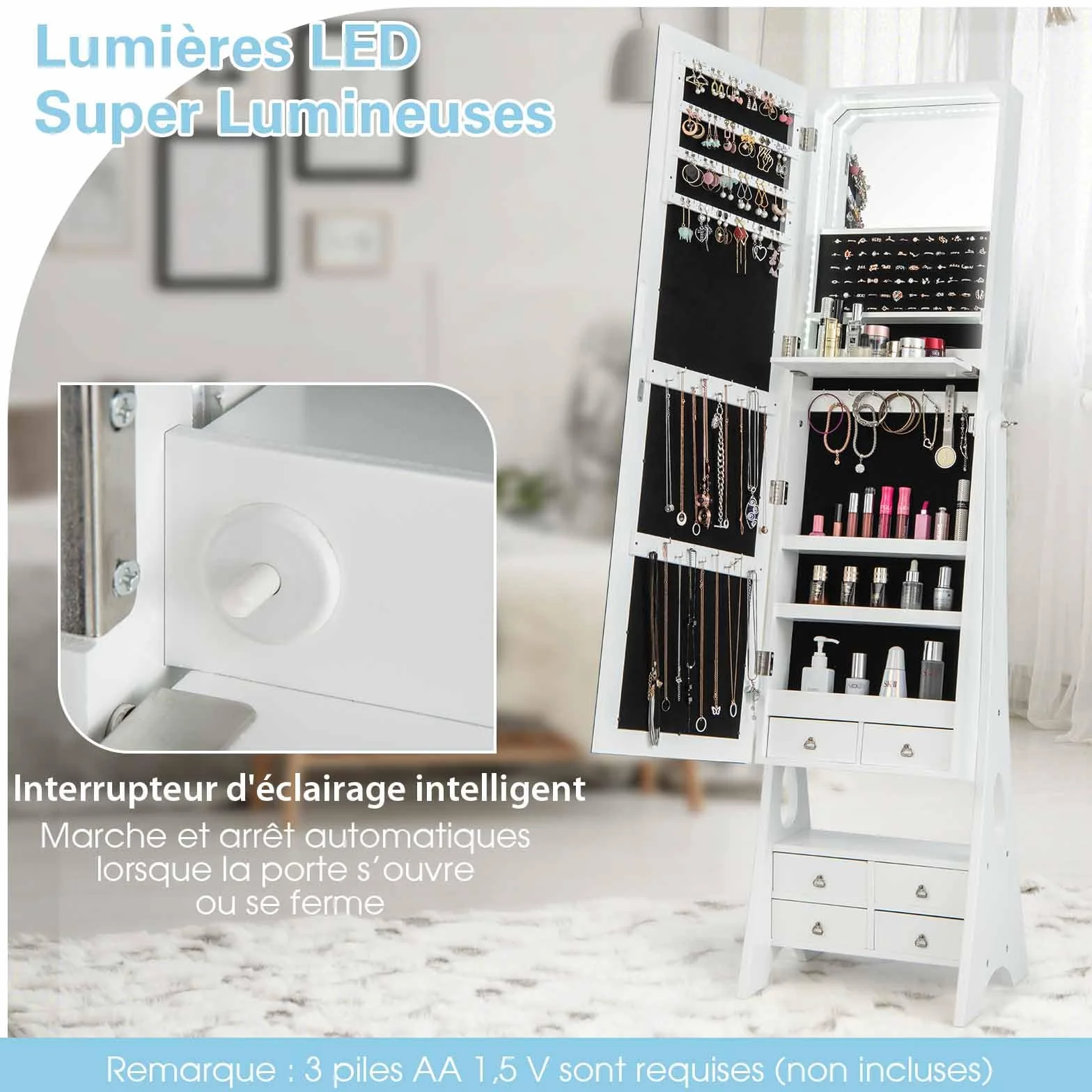 COSTWAY Armoire à Bijoux avec Miroir Pleine Longueur, Lumières LED Intégrées, Étagère de Maquillage Pliable, Blanc