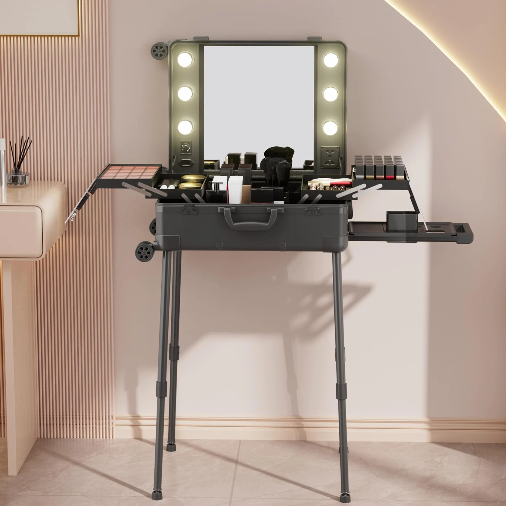 Valise de Maquillage à Roulettes en Aluminium avec Grand Miroir et Serrure à Code, Pliable pour Voyage et Studio
