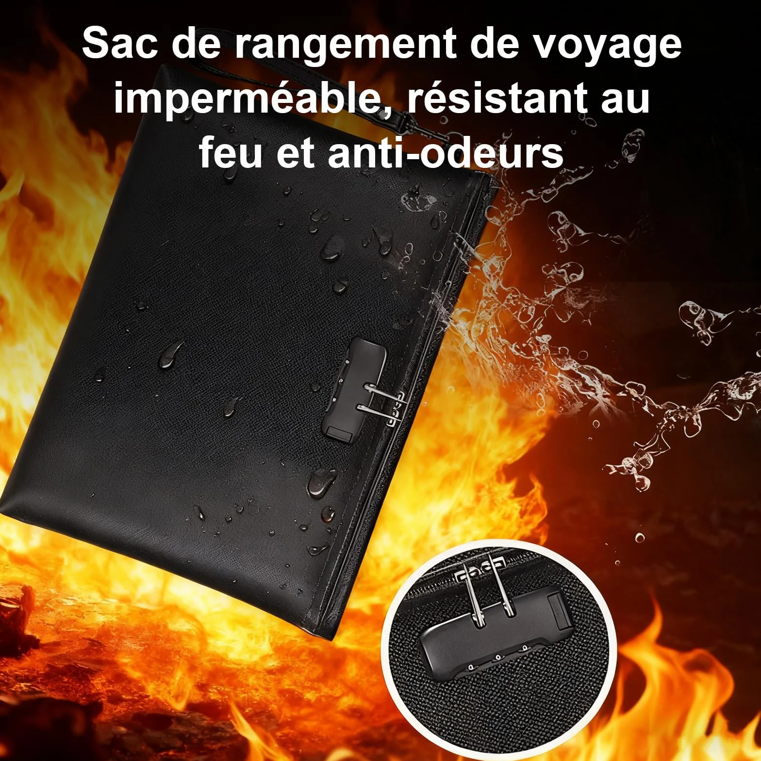 Sacoche Ignifuge Étanche Documents 28x19 cm Noir Serrure Combinaison