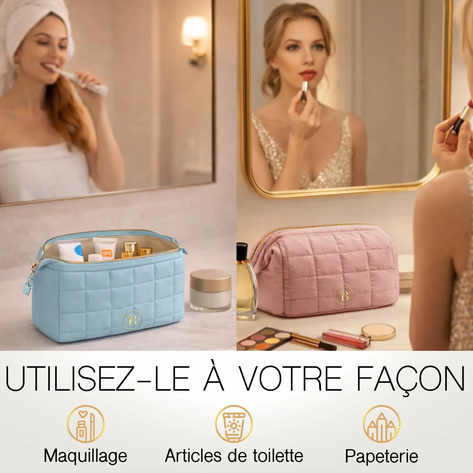 Trousse de Toilette Femme Noir Matelassée Grande Ouverture Organisateur Maquillage Voyage