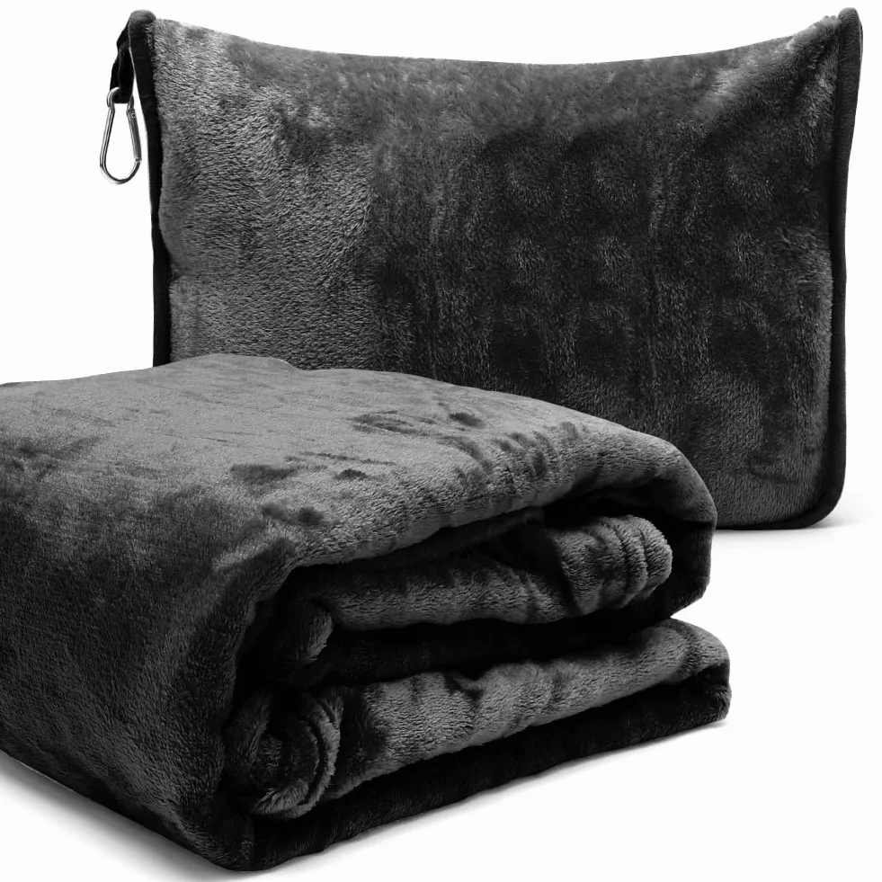 Couverture de Voyage Avion 2 en 1 avec Coussin, Bagages et Clip, Douce et Chaude, 127x152cm, Noir