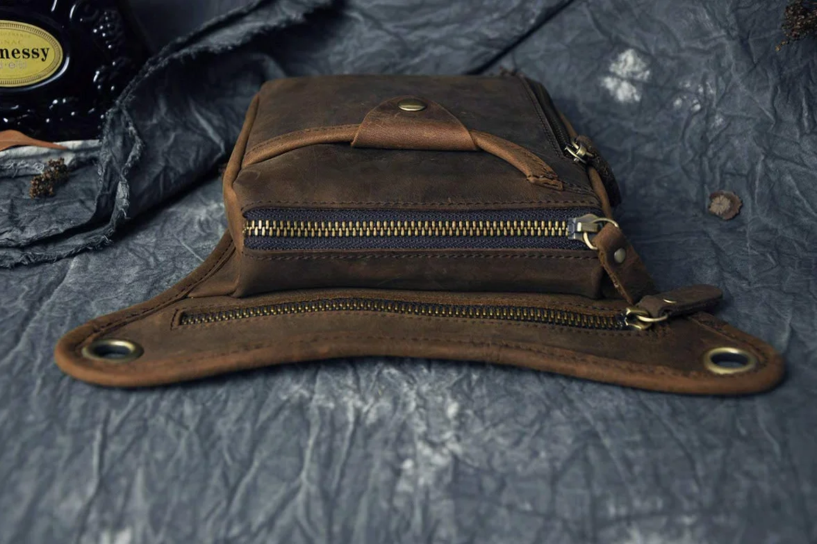 Le'aokuu Sac pour Jambes Moto en Cuir Véritable Bandoulière de Cuisse Marron Foncé