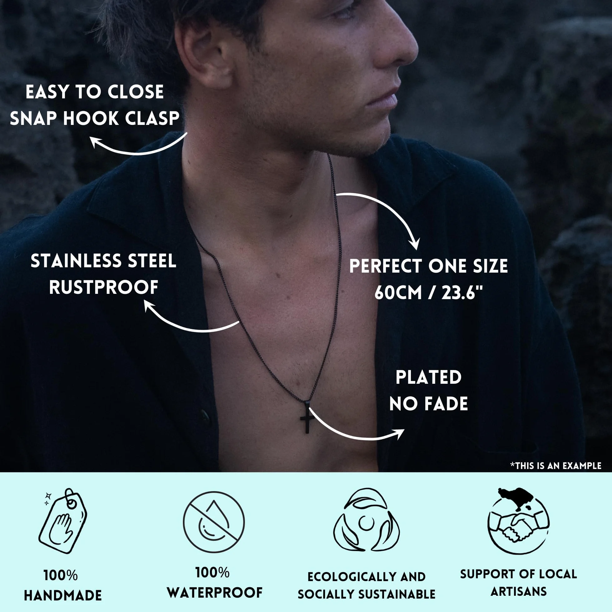 Chaîne en Or pour Homme 60 cm Acier Inoxydable Collier Pendentif Croix Artisanale