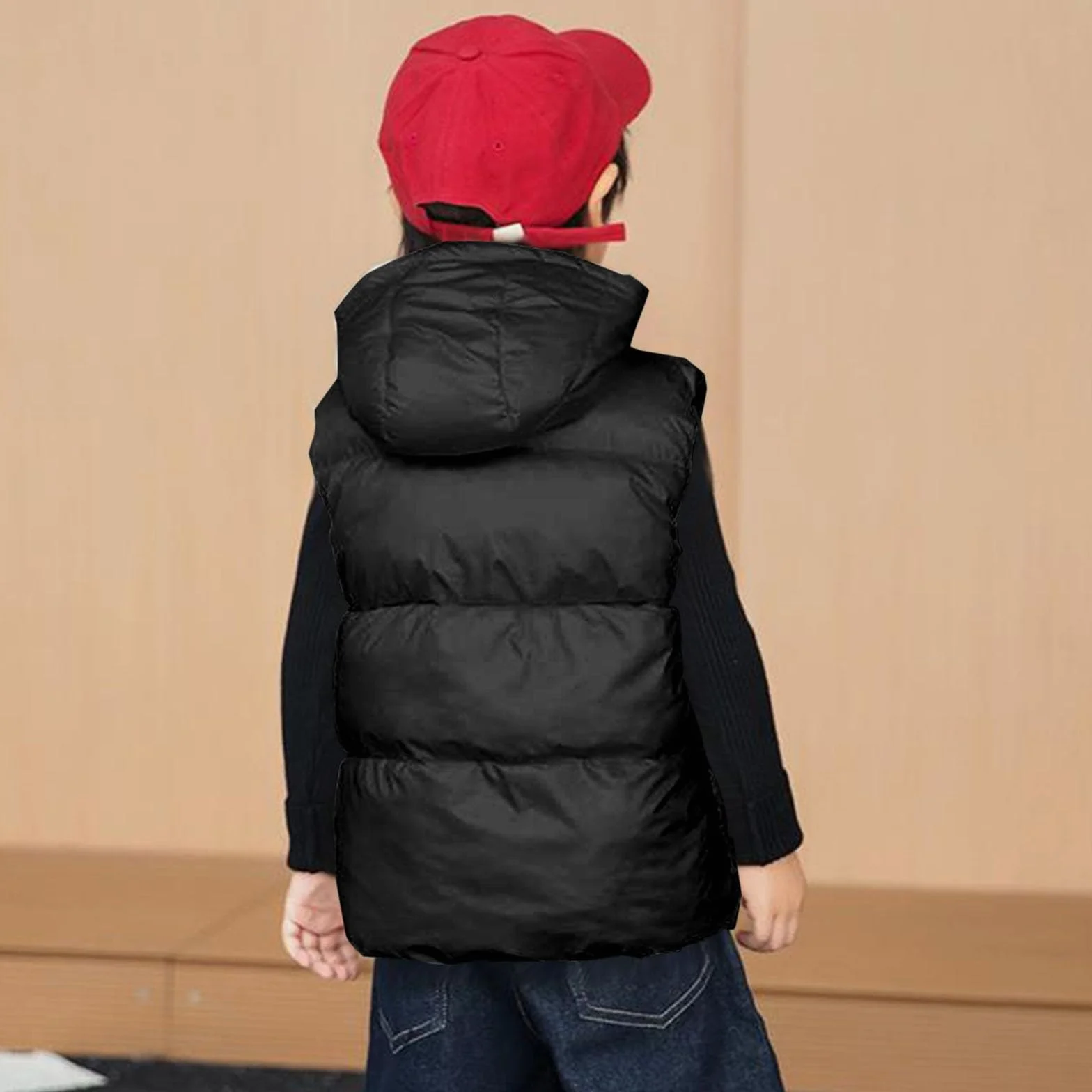 Gilet bouffant à capuche sans manches garçon chaud rembourré léger manteau thermique duvet noir 12-13 ans