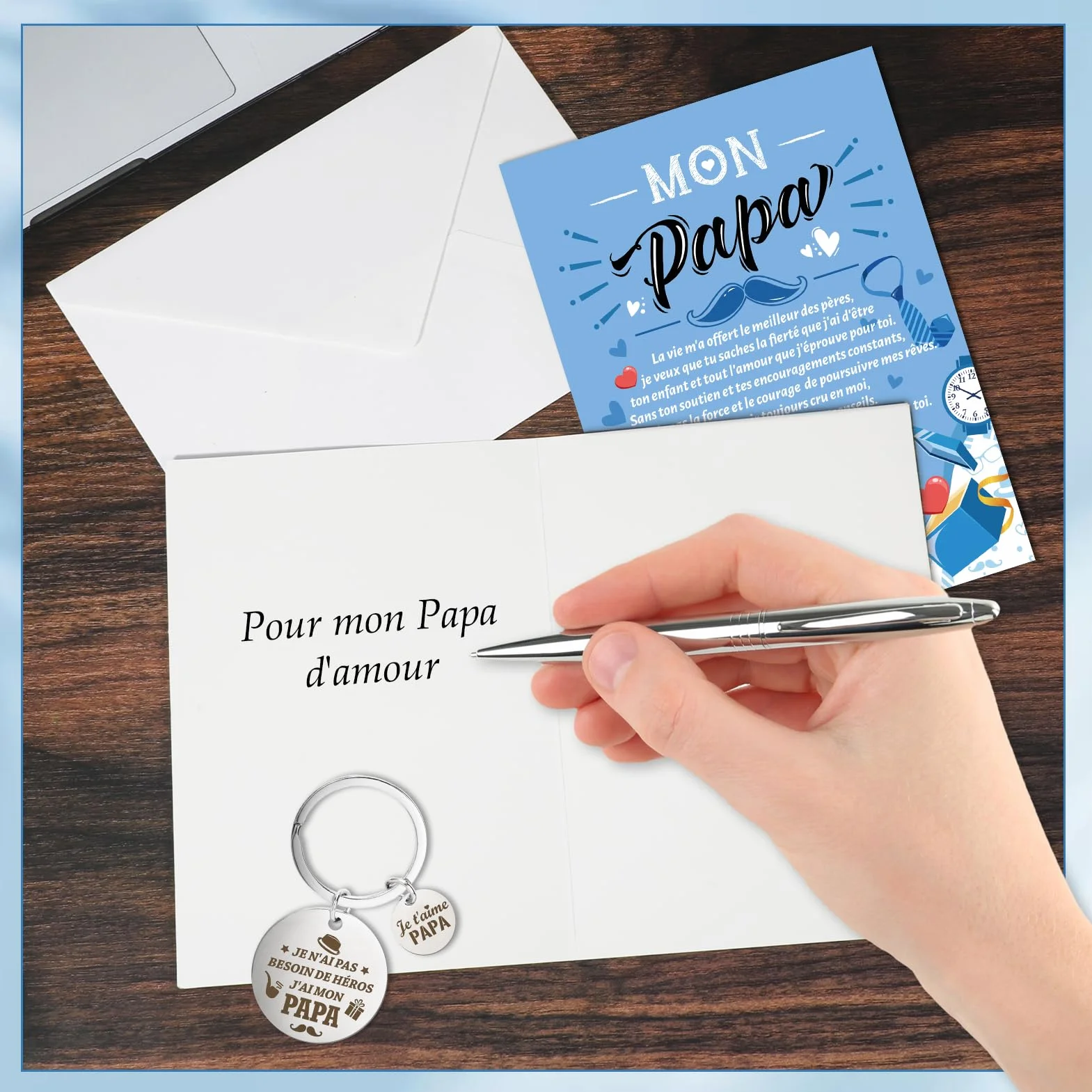 Porte-Clés Carte Je t'aime Papa avec Enveloppe Cadeau Fête des Pères