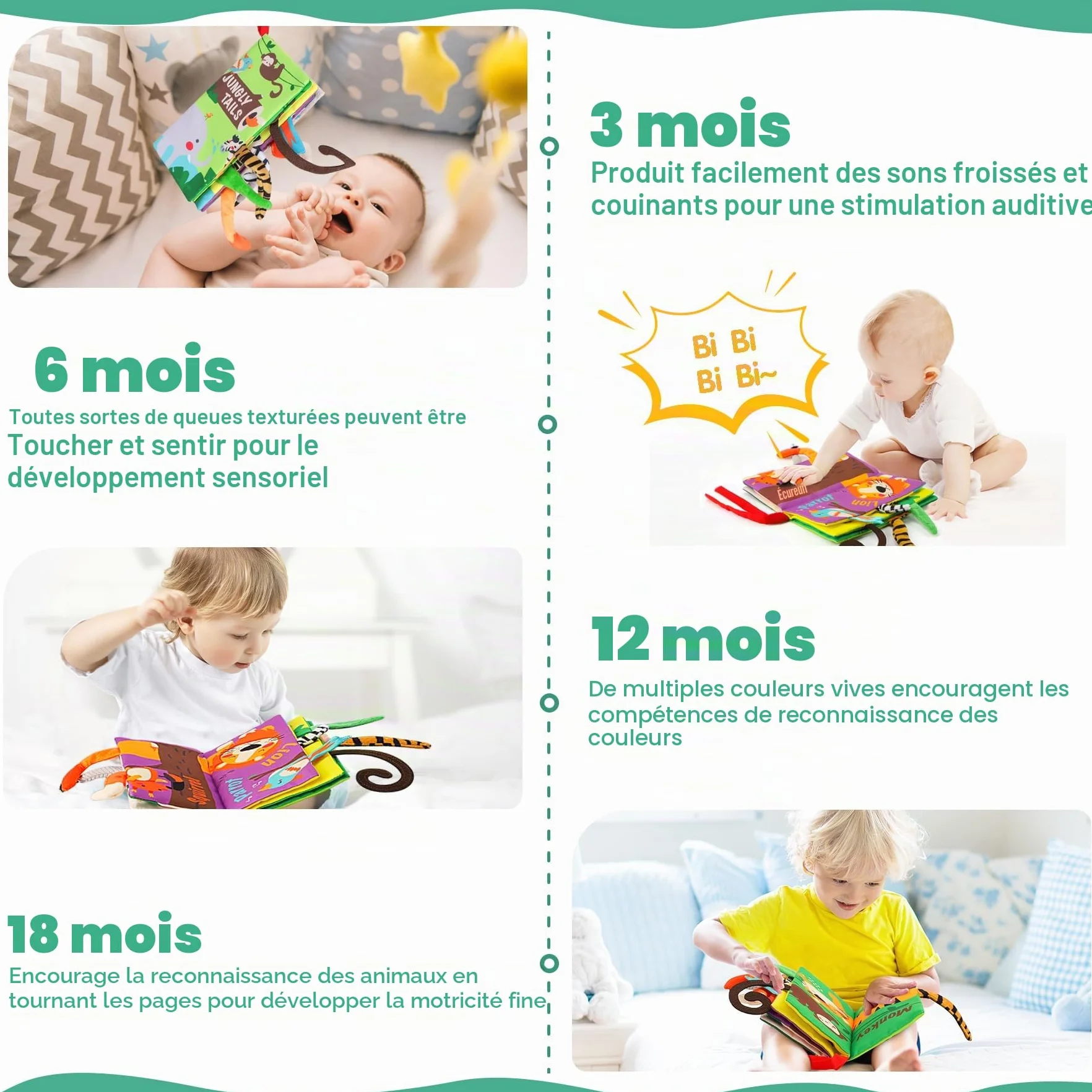 beiens Livre Tissu Bébé Eveil Sensoriel Doux Animaux 0-3 mois Cadeau Naissance