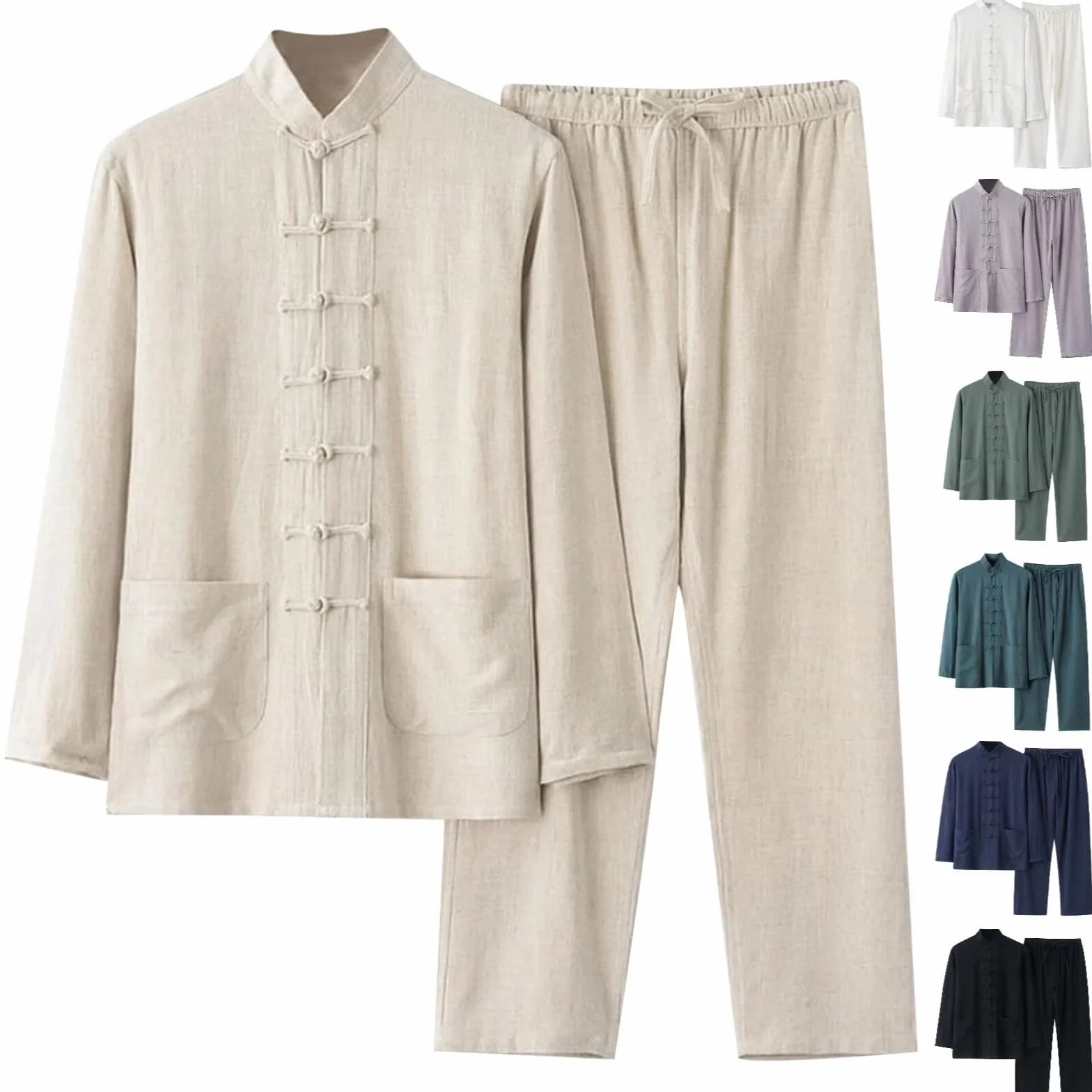 Costume de tai chi homme 2 pièces coton lin manches longues uniforme Kung Fu