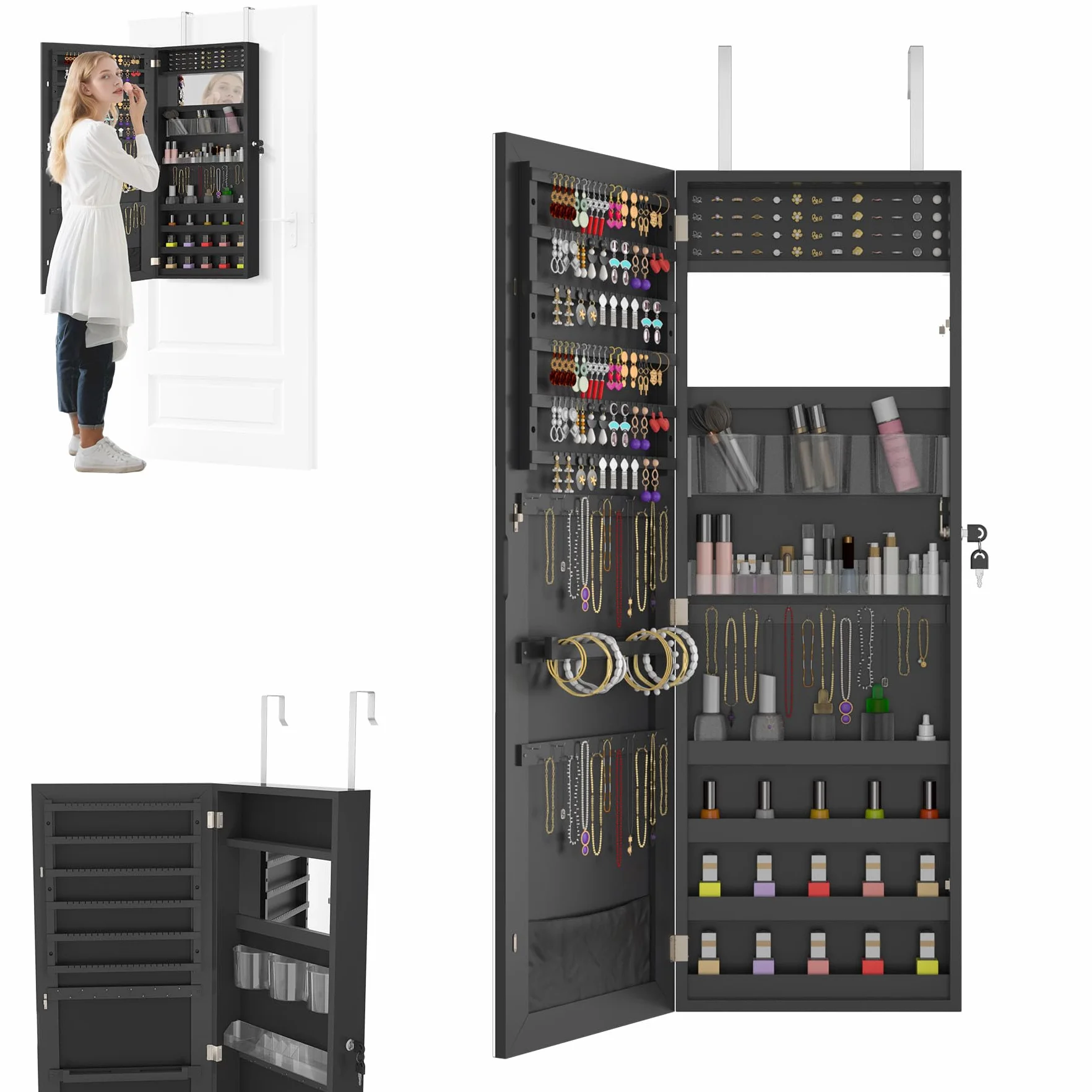 Armoire à bijoux avec miroir murale 2 en 1 107,5 x 36,5 x 9,5 cm Noir