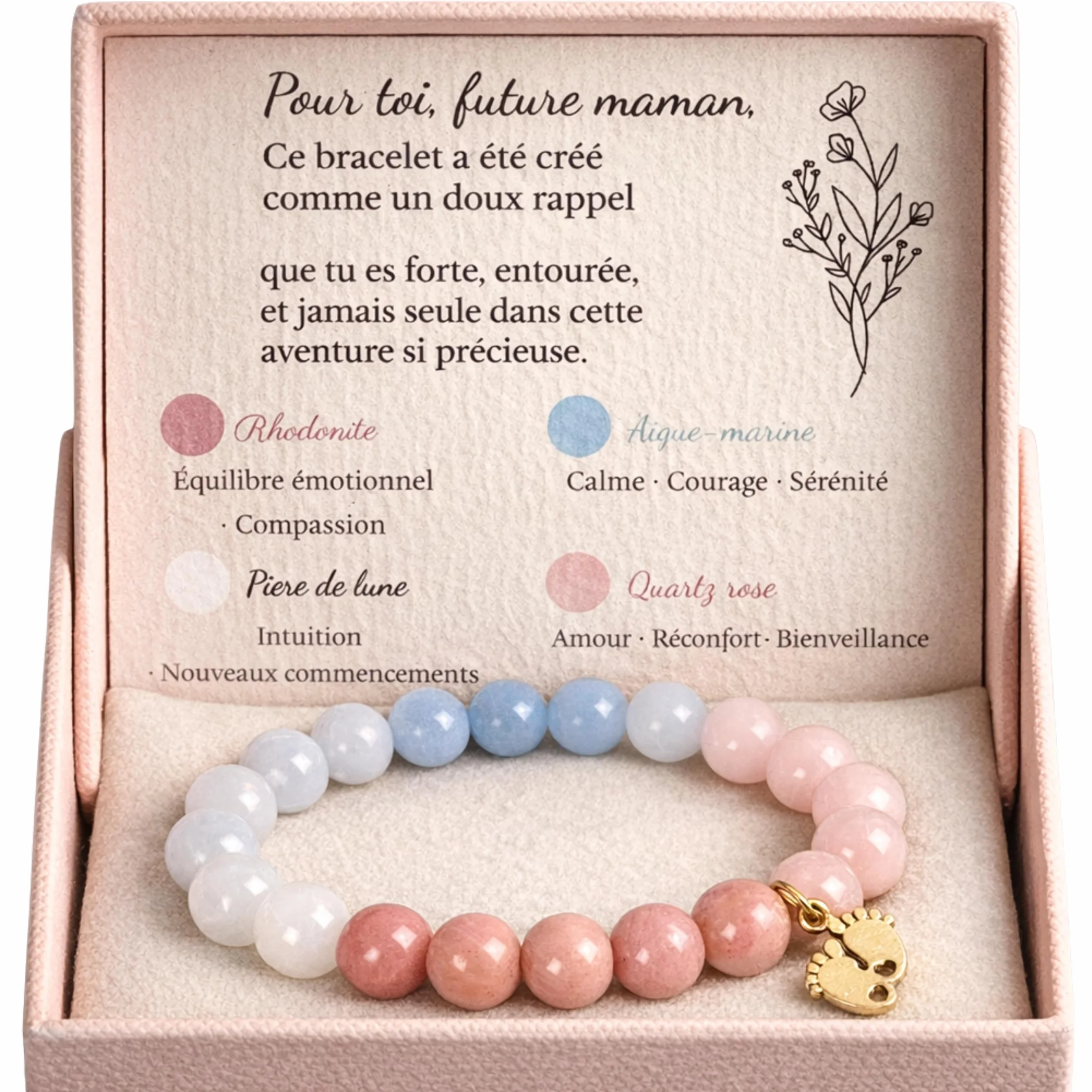 Bracelet Pierre Naturelle Future Maman Breloque Pied Bébé Dorée Rhodonite Quartz Cadeau Femme Enceinte Fait Main Coffret