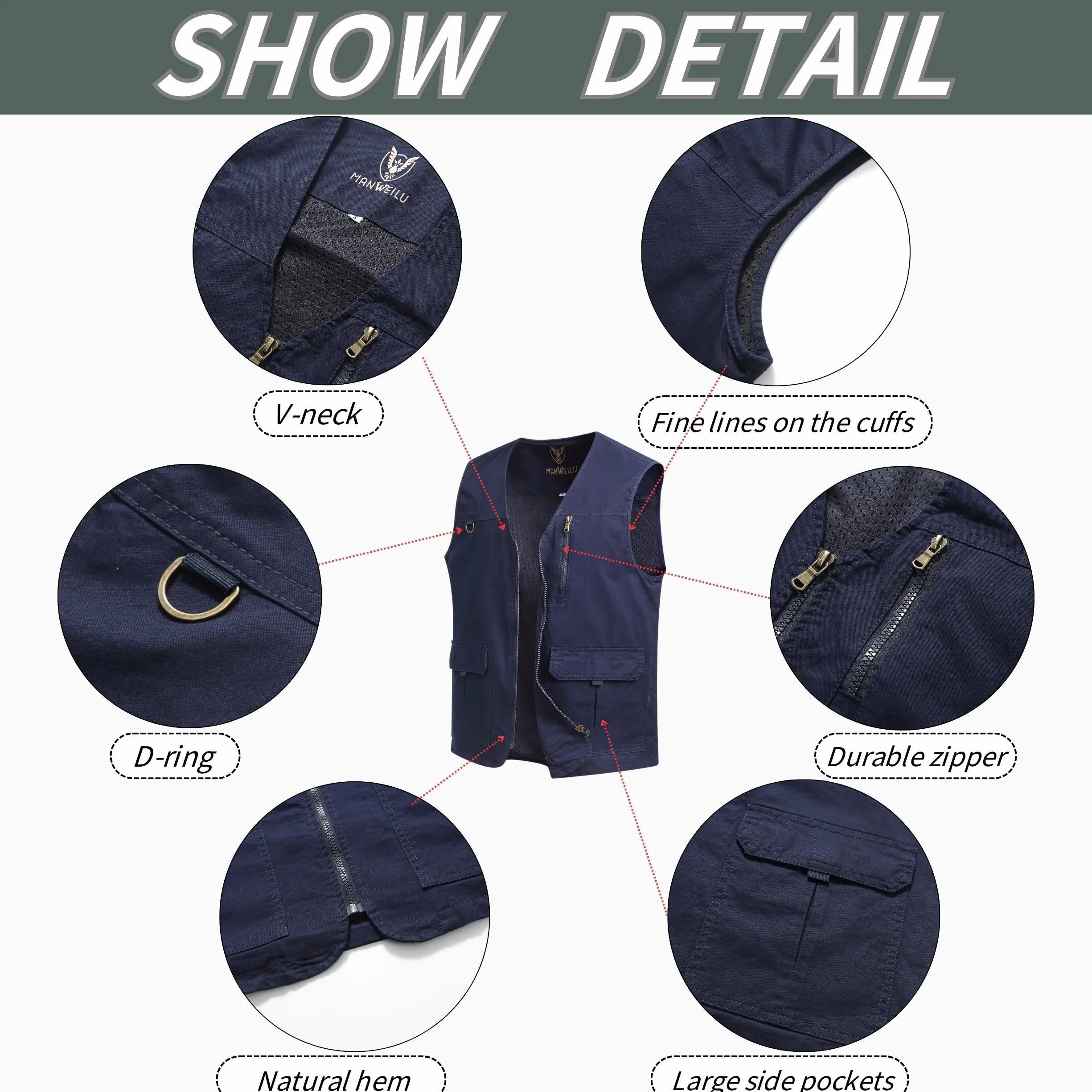 Gilet de Pêche Homme Plein air Sport Sans Manche Veste Léger Respirant Multi-Poche