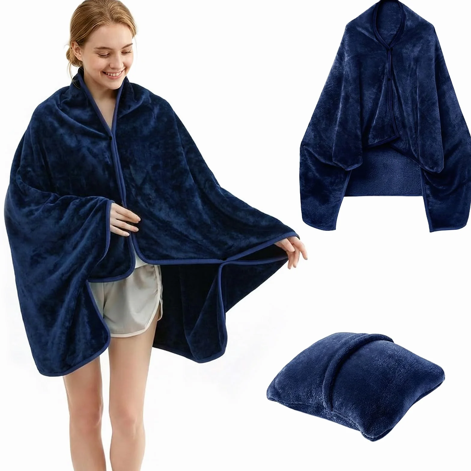 Couverture de voyage 3 en 1 avec coussins et boutons, camping, voiture, avion, plage, chauffe-épaules, poncho