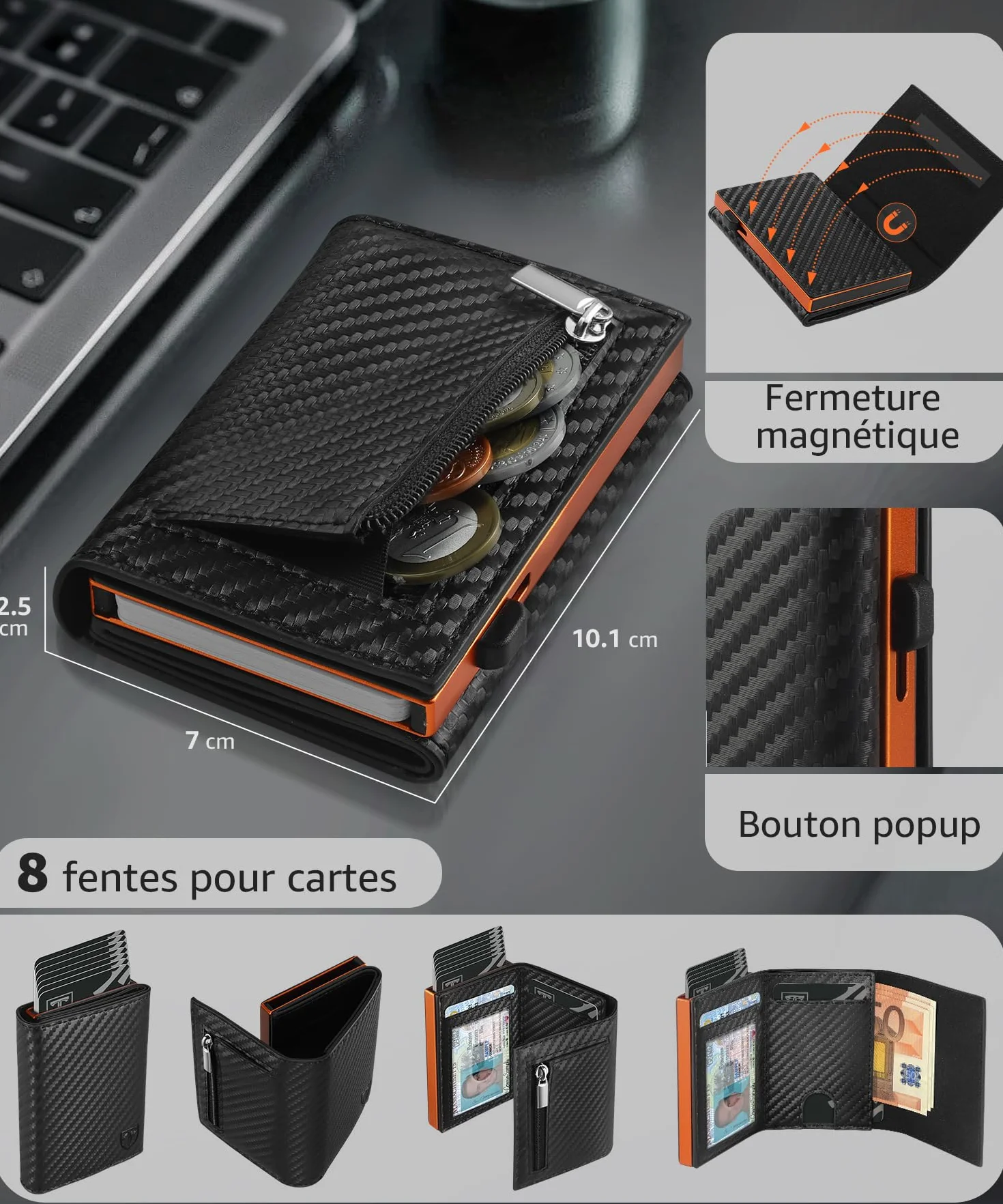 TEEHON Portefeuille Homme Fibre de Carbone Magnétique Porte Carte RFID Blocage Compartiment Billets Monnaie Noir Orange