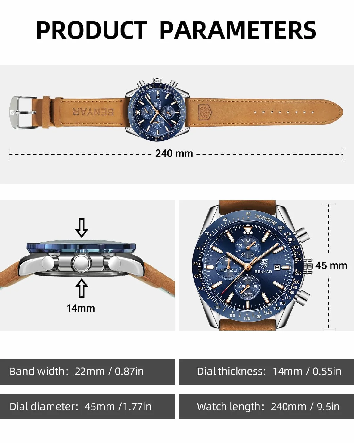 BENYAR Montre Homme Etanche Analogique Quartz Chronographe Lumineuses Date Cadran Classique