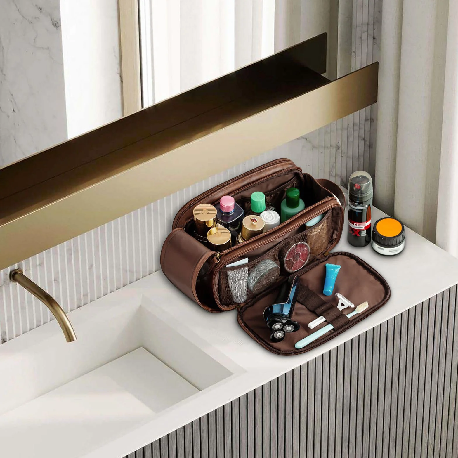 Grande Trousse de Toilette en Cuir résistant à l'eau pour Homme - Kit de Rasage - Organisateur de Voyage