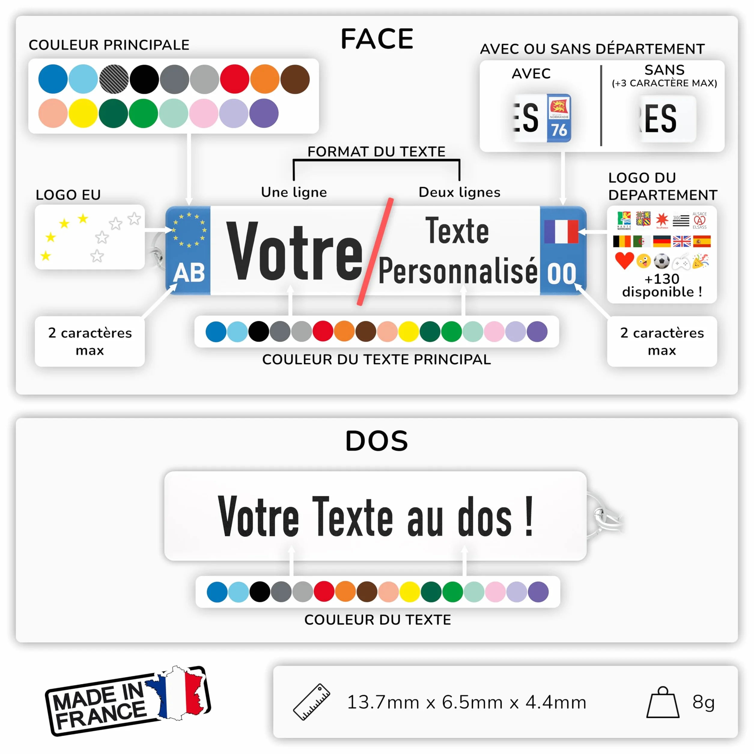 Porte-Clés Personnalisé Plaque Immatriculation Personnalisable Prénom Texte Impression 3D UV Accessoire Voiture Moto Fabriqué France