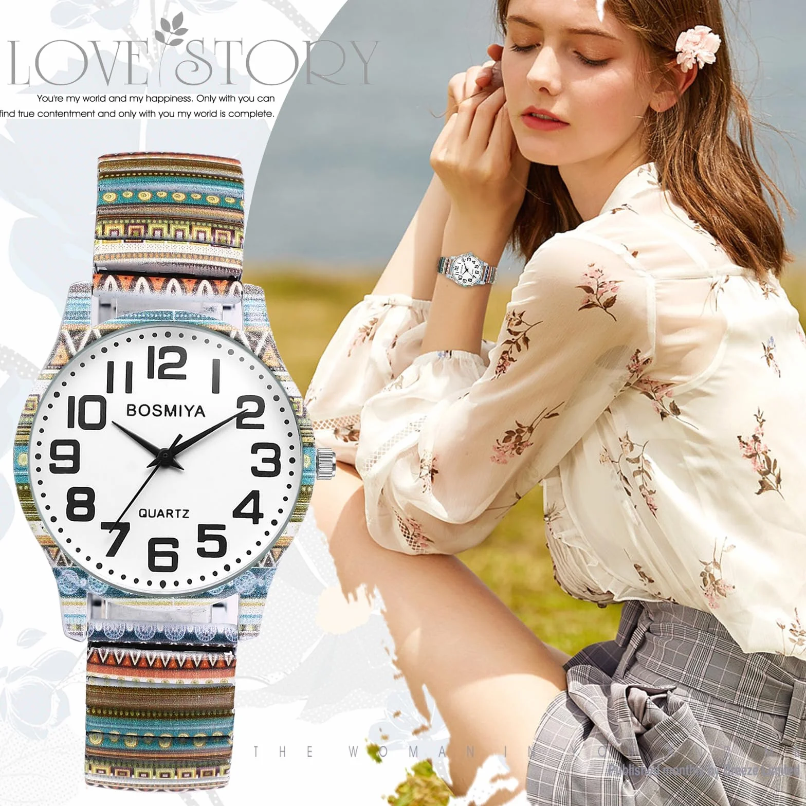 Montre Femme Bohème Extensible Acier Inoxydable Bracelet Élastique Fantaisie Grand Chiffres Arabes