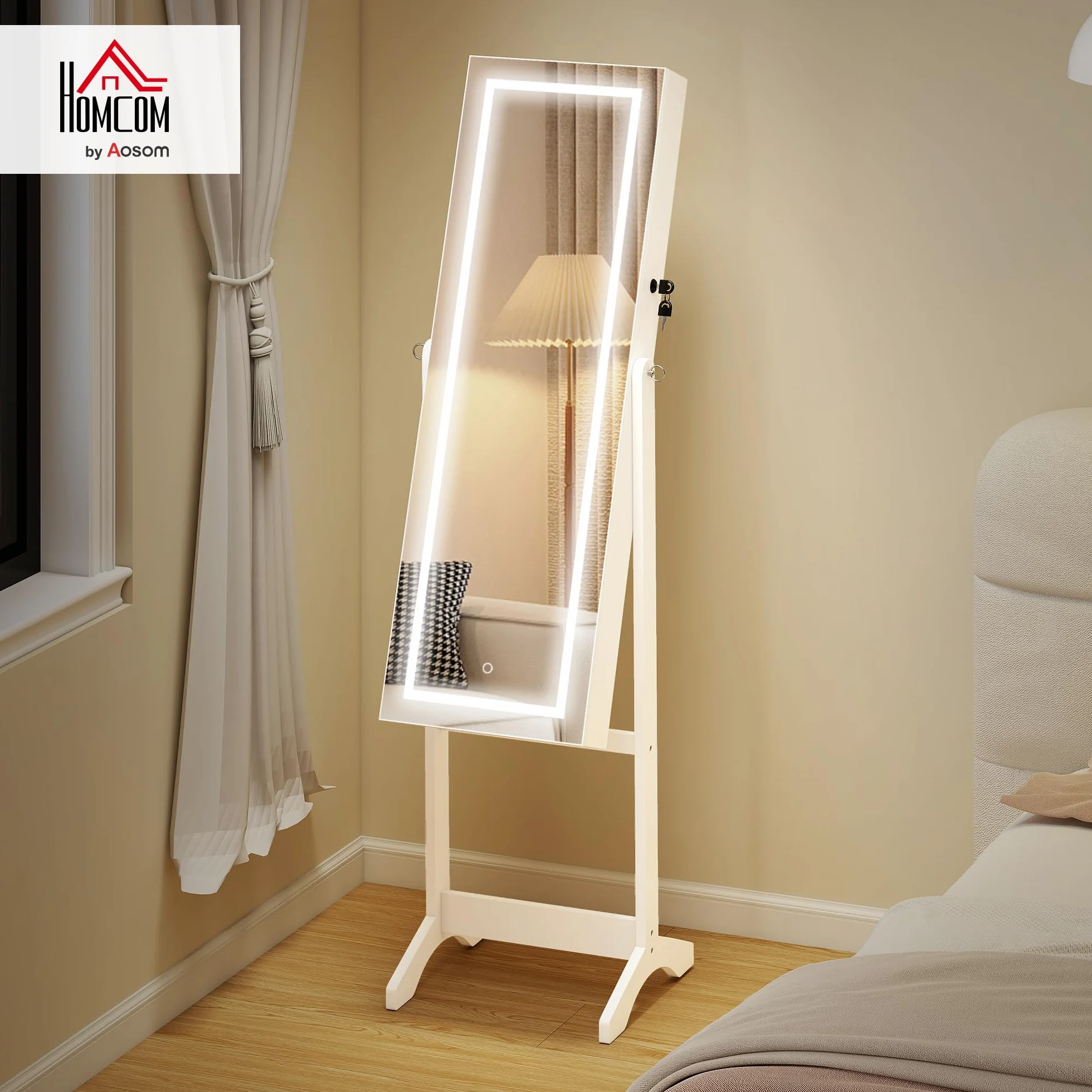HOMCOM Armoire à bijoux LED avec miroir sur pied blanc
