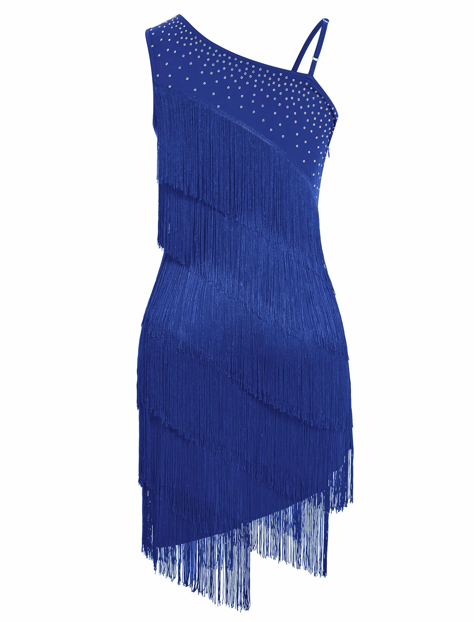 Robe asymétrique à une épaule en strass pour femme - Robe de danse latine années 1920 - Robe à paillettes Salsa Cha-Cha