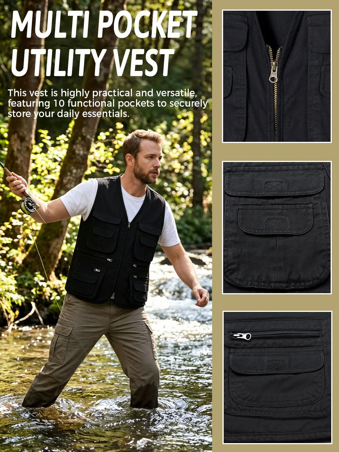 Gilet de Pêche Homme Multi-Poches Sans Manches Veste Légère Coton Chasse Camping Photographie