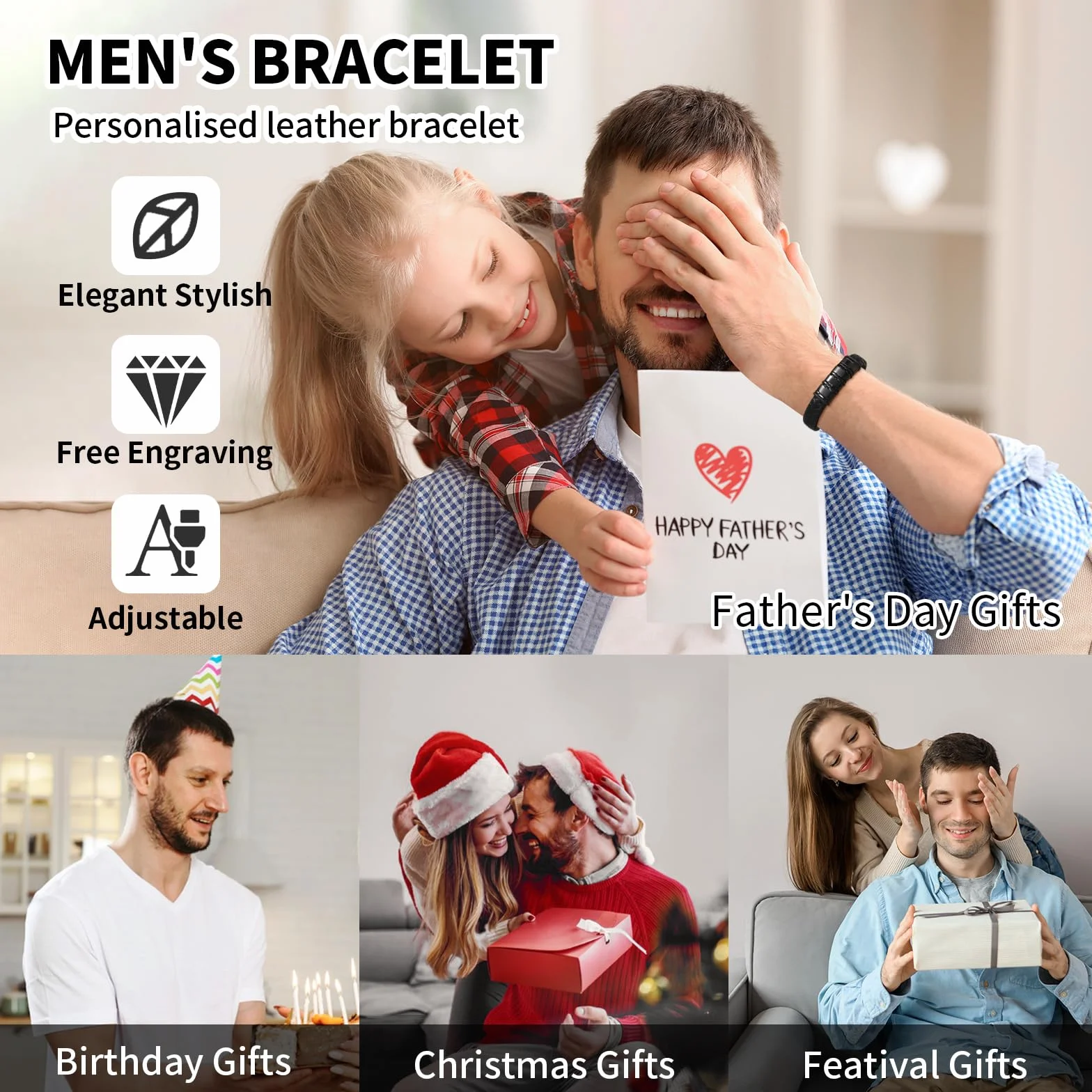 Bracelet Cuir Noir Tressé Homme Cadeau Papa Personnalisé Gravure Prénom