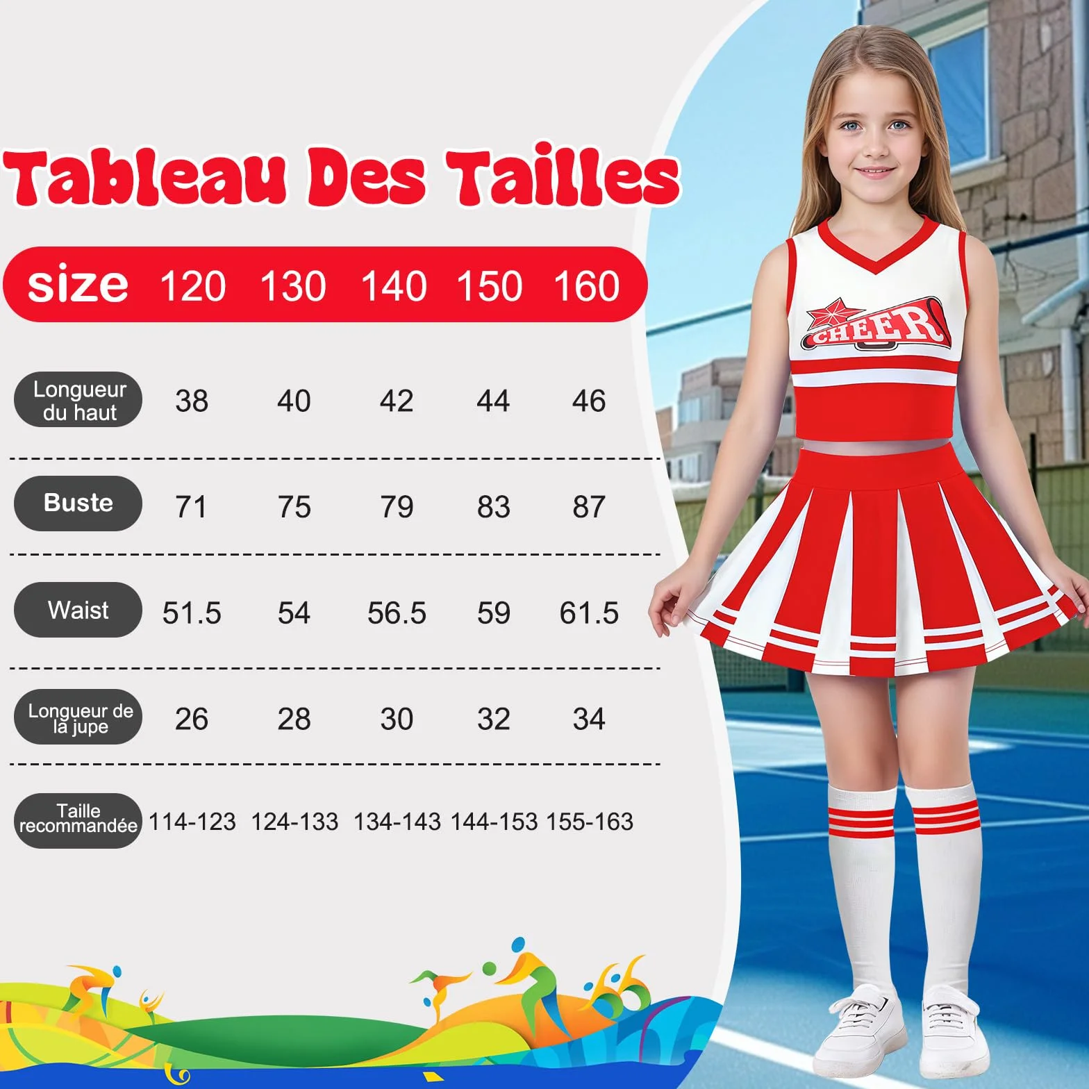 Deguisement Pompom Girl Cheerleader avec Pom Poms Noeud Chaussettes Costume Enfant Uniforme Carnaval Halloween