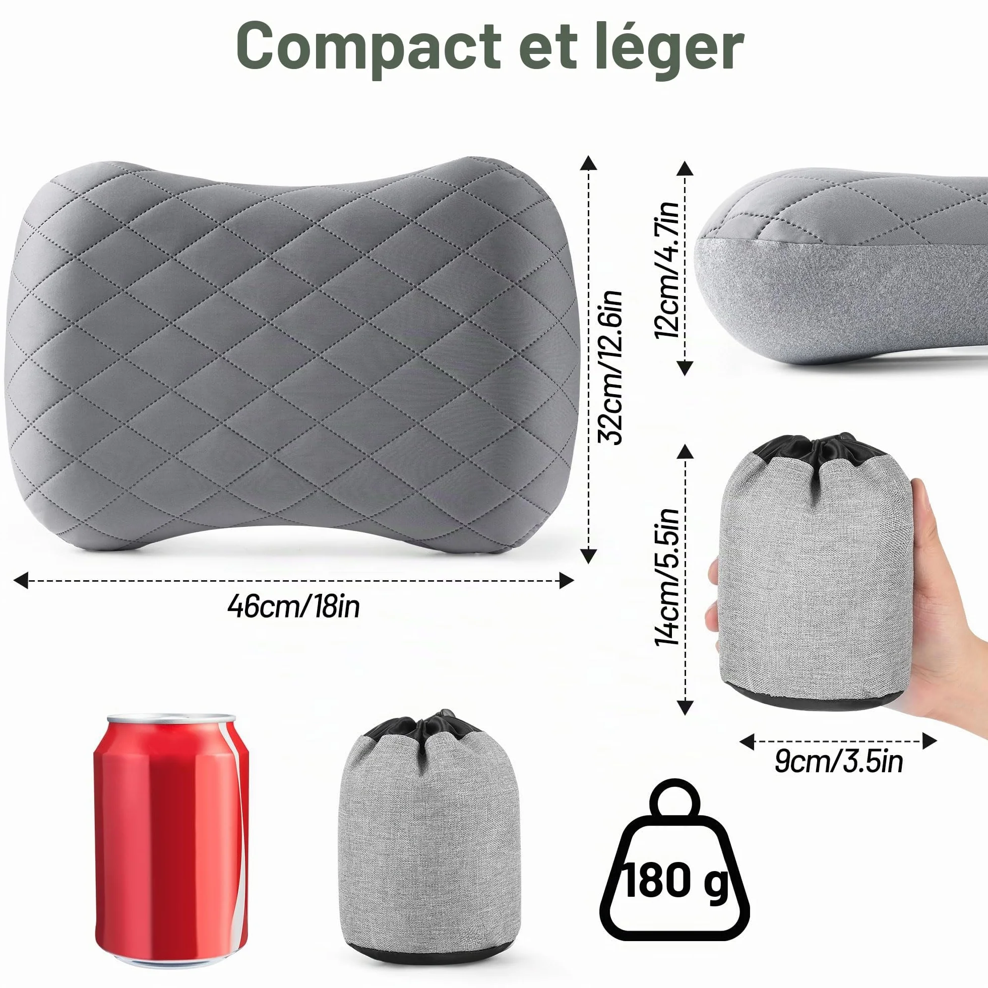 Oreiller Gonflable de Voyage Camping Ultra-léger Compact avec Sac de Transport Gris