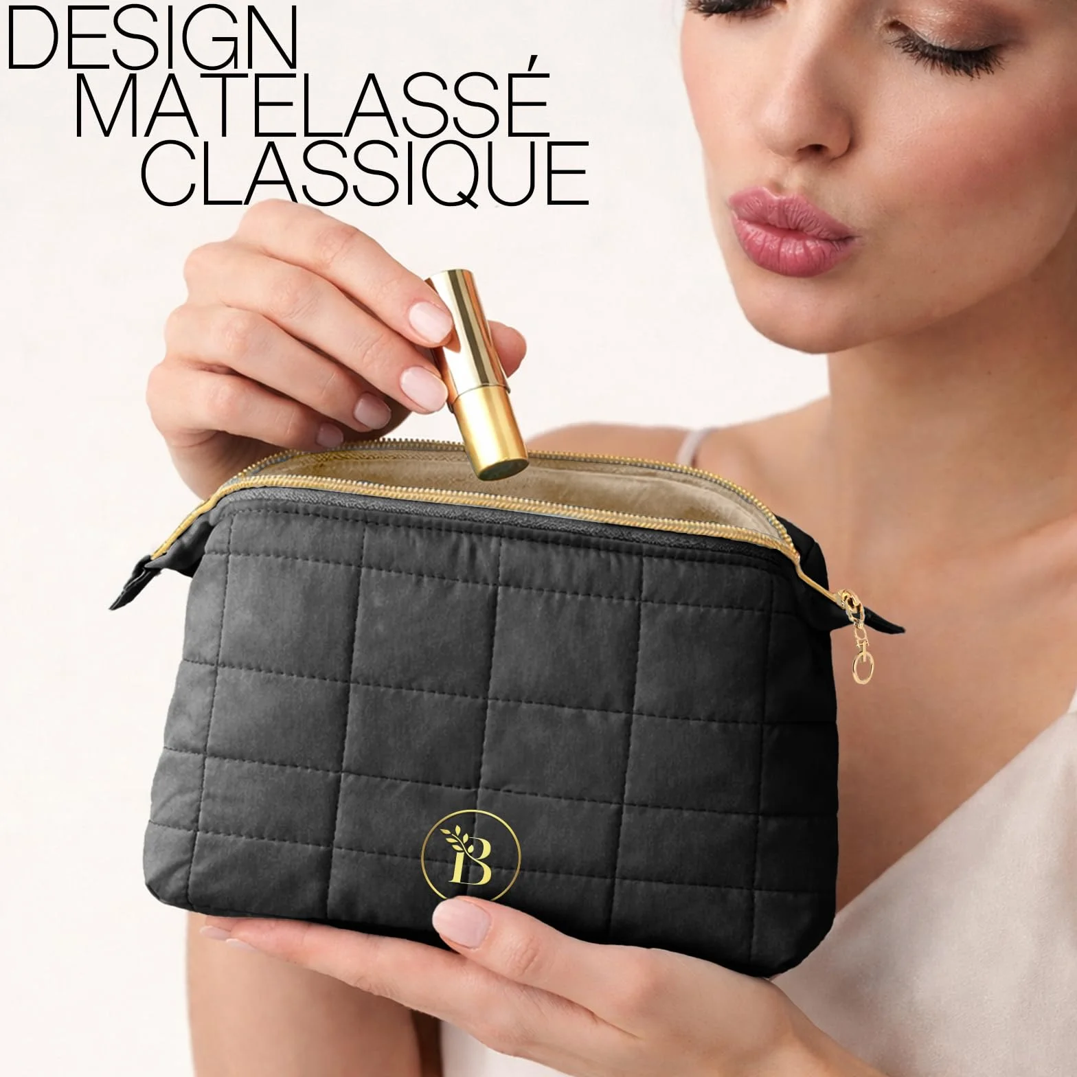 Trousse de Toilette Femme Noir Matelassée Grande Ouverture Organisateur Maquillage Voyage