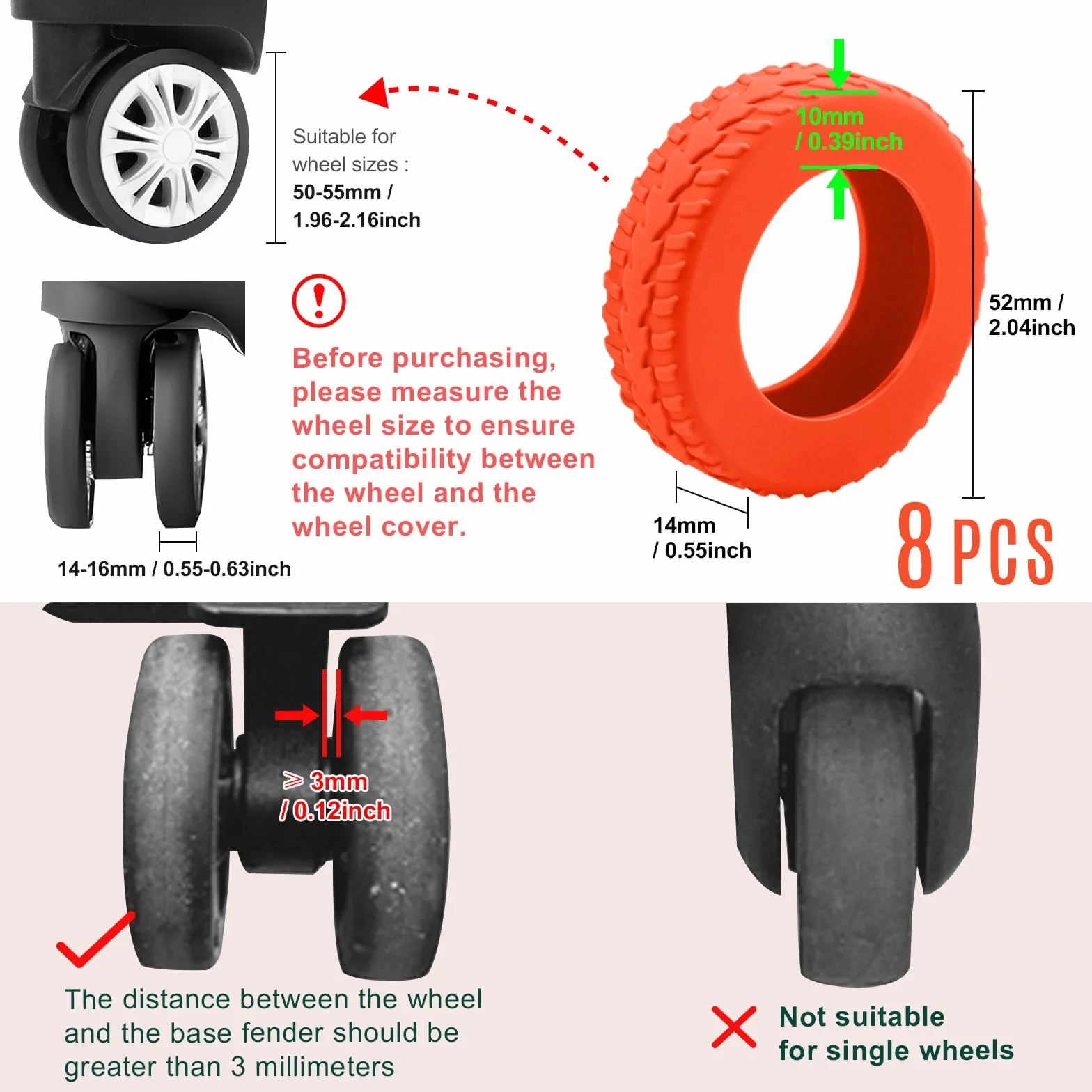 Housses de Protection Silicone pour Roues de Valise 8 Pièces Largeur Latérale 10 mm Réduction de Bruit