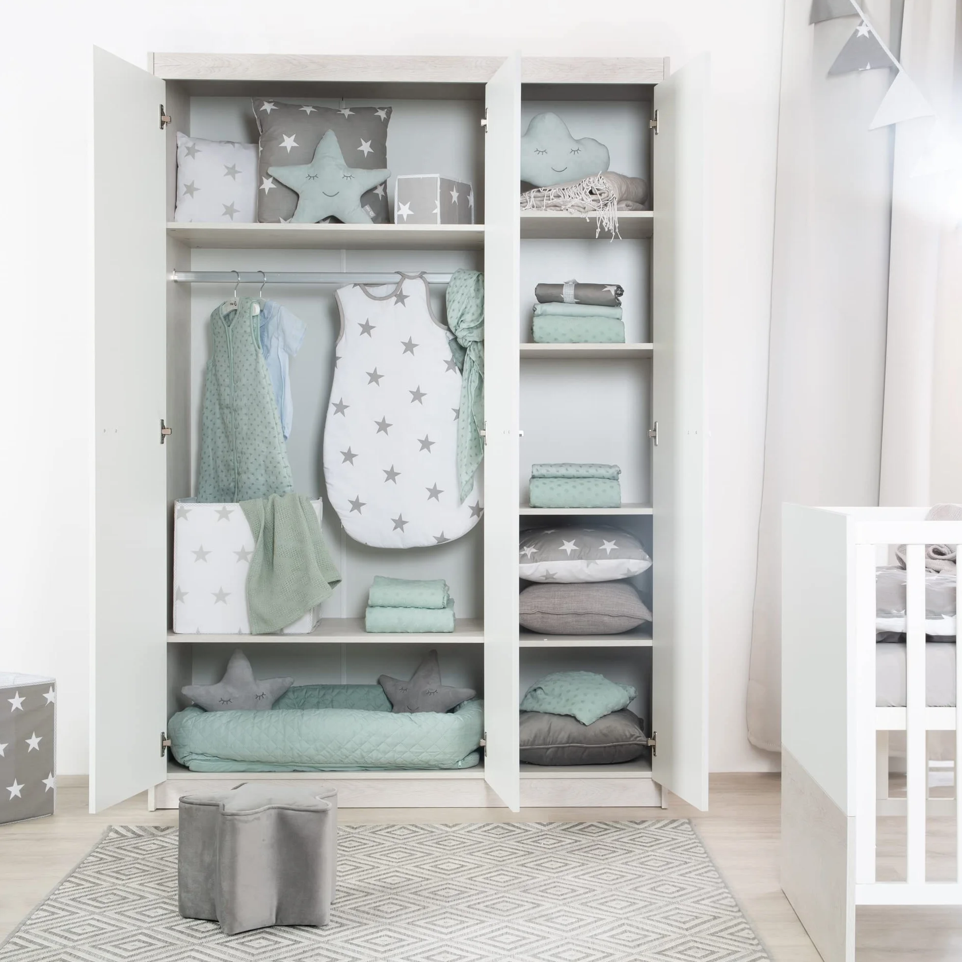 Armoire Julia 3 Portes à Portes battantes Chêne Blanchi Blanc