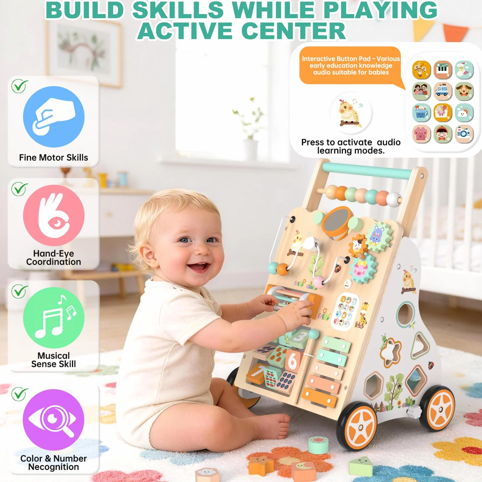 Trotteur en bois Montessori 12+ mois avec centre d'activités, labyrinthe à perles, trieur de formes, xylophone et jeu de pêche
