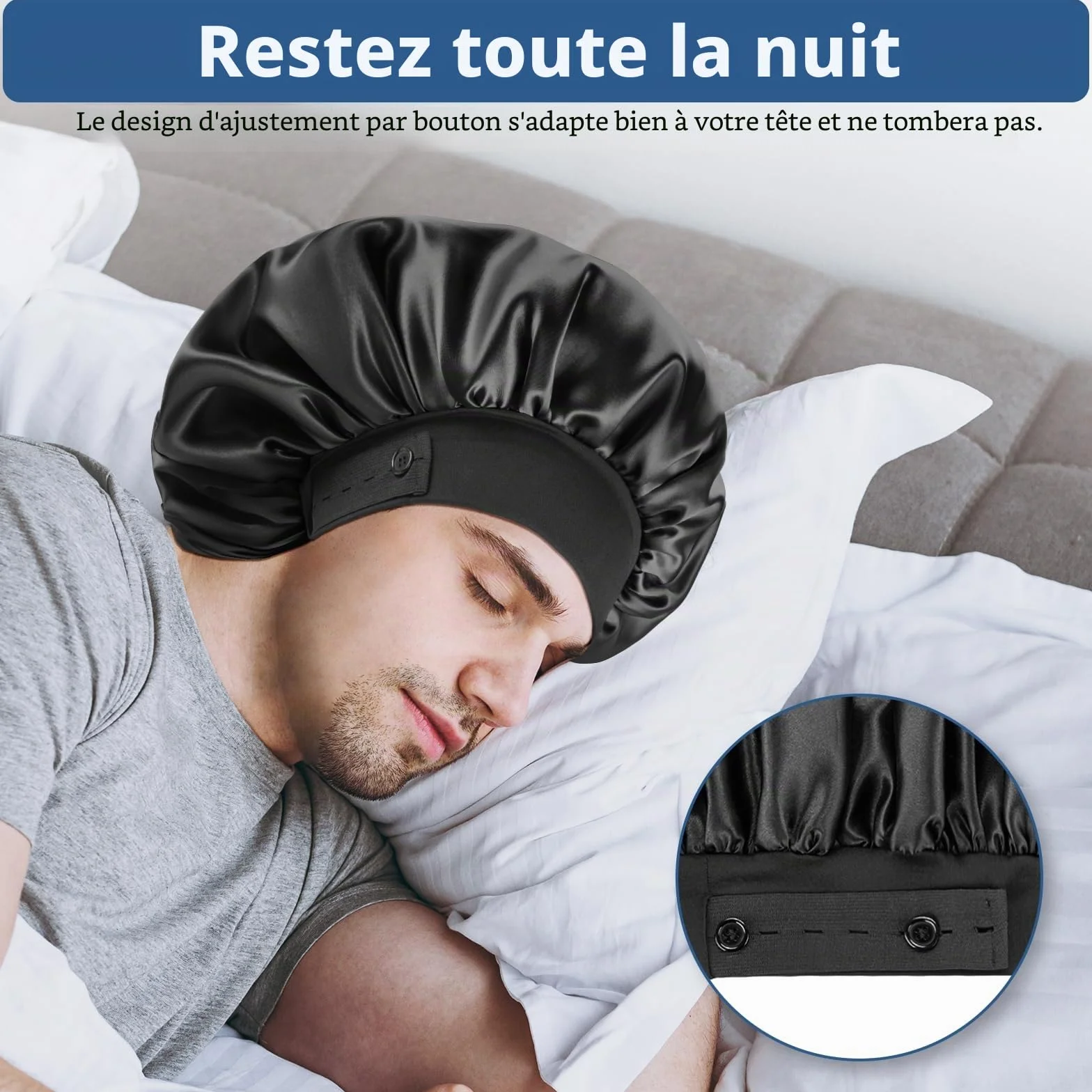 Bonnets en Soie pour Homme, Bonnet de Sommeil Double Couche avec Ourlet Réglable, Idéal pour Tresses Bouclées, Reste en Place (Noir)