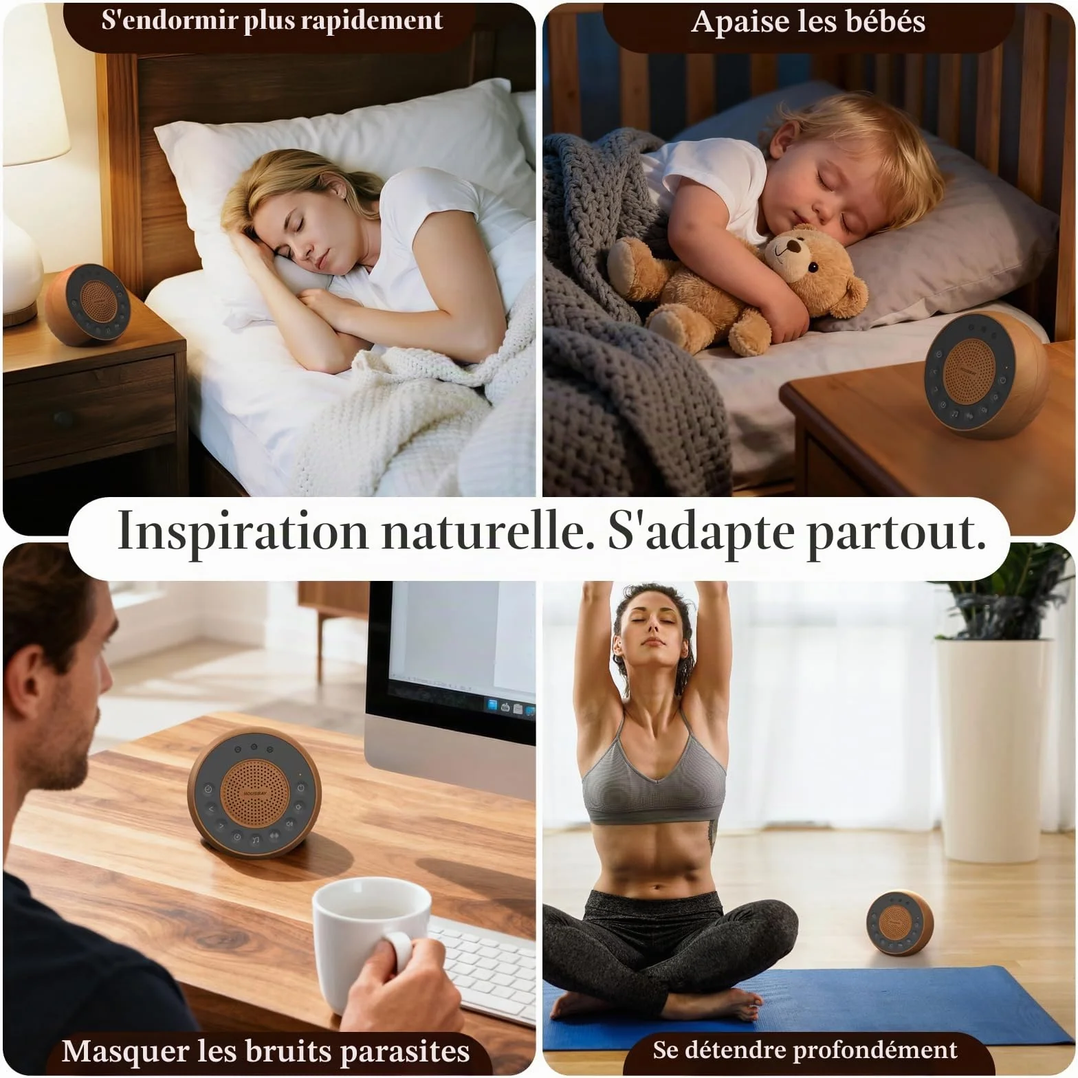 Housbay machine à bruit blanc 35 sons apaisants naturels minuterie sommeil design effet bois bébé adulte